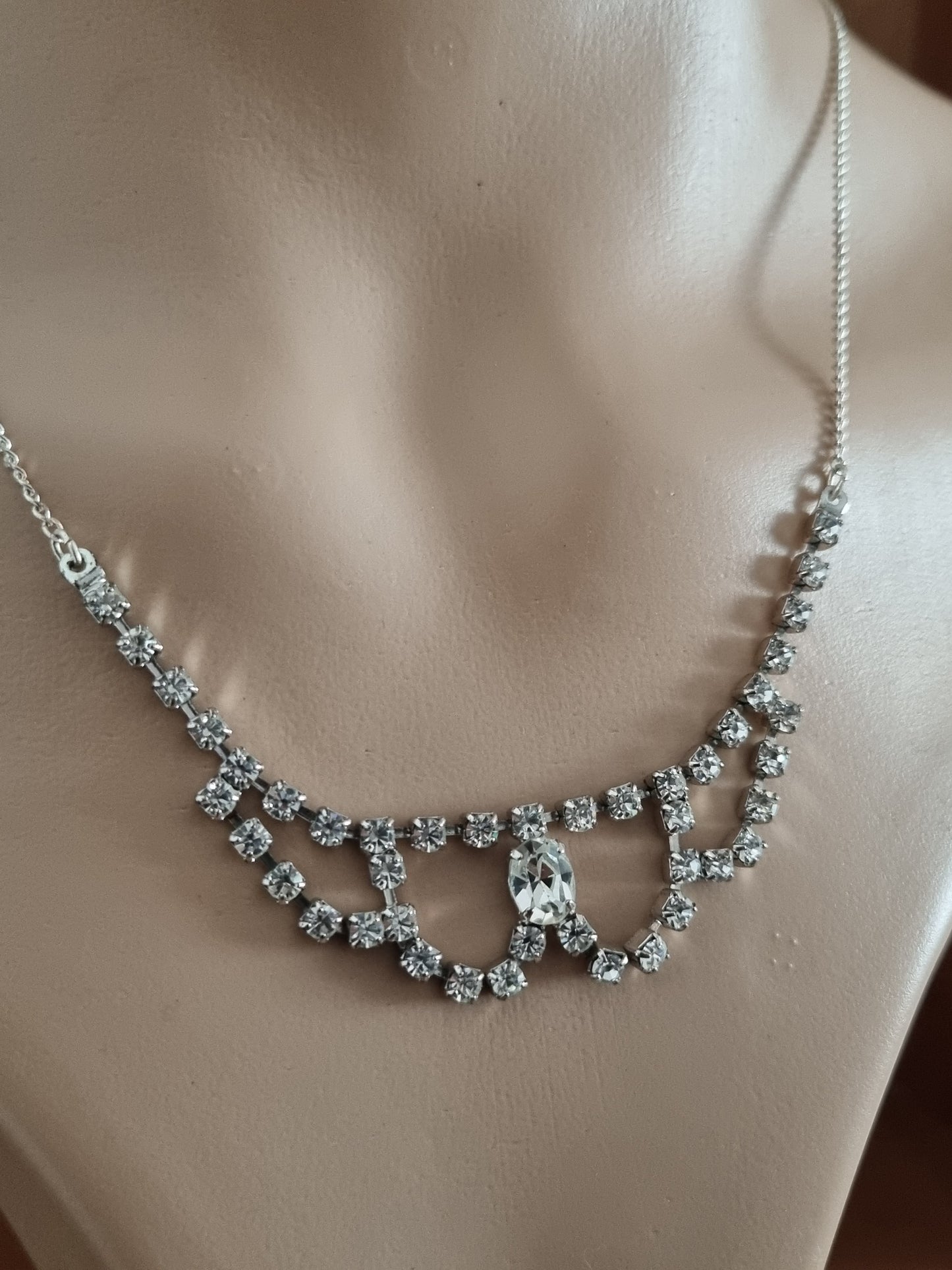 Vintage Necklace Silver Tone 1950s Rhinestone Art Deco