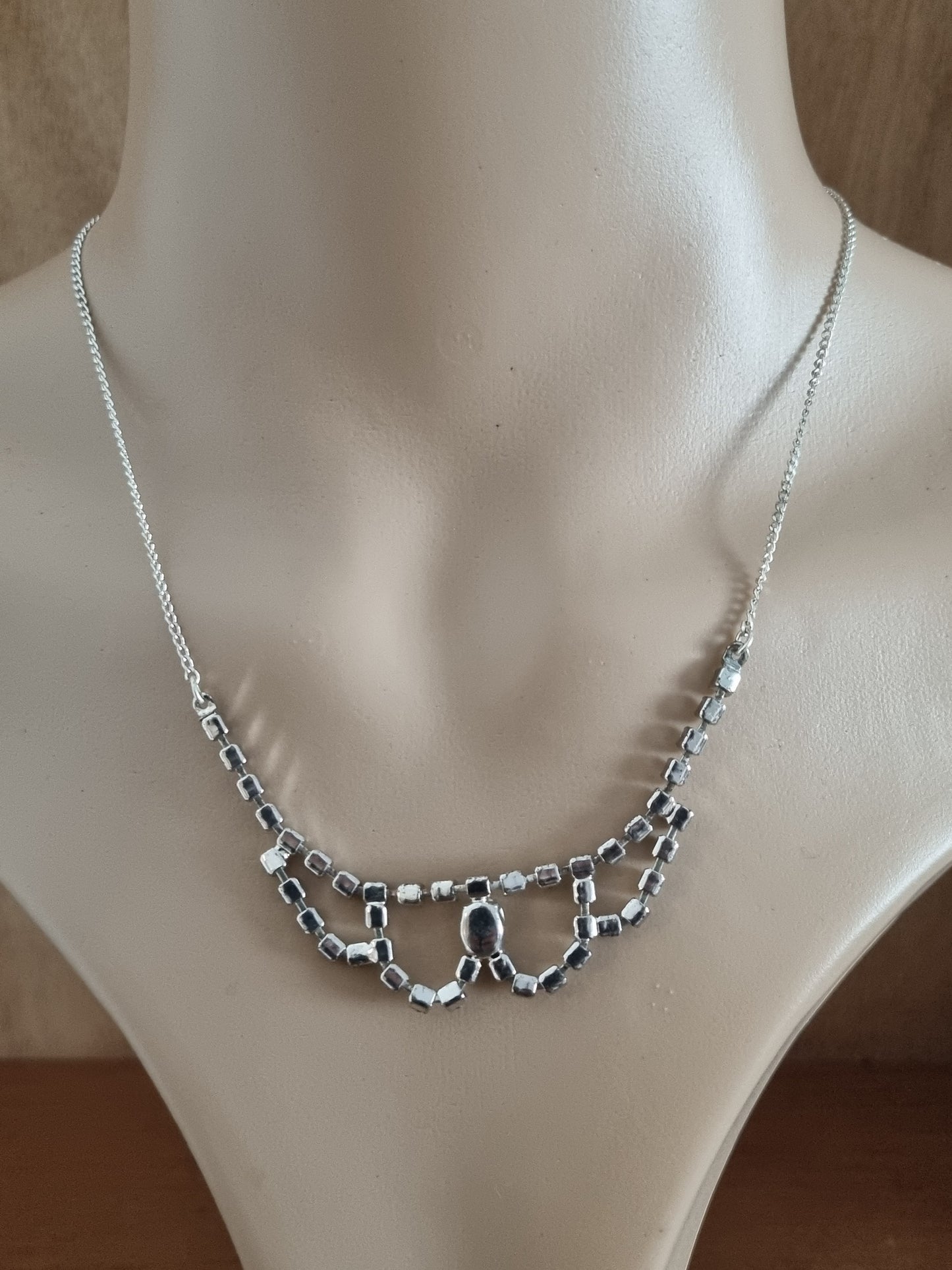 Vintage Necklace Silver Tone 1950s Rhinestone Art Deco