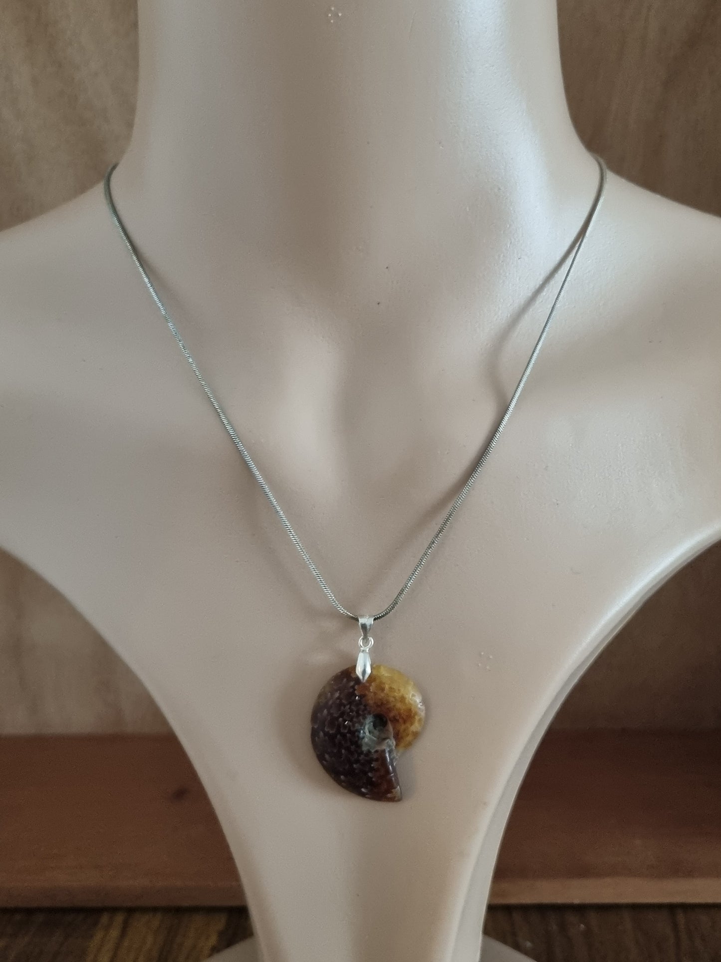 Vintage Necklace Silver Ammonite Fossil Pendant. 925 Sterling Silver, 18ct Gold Plated