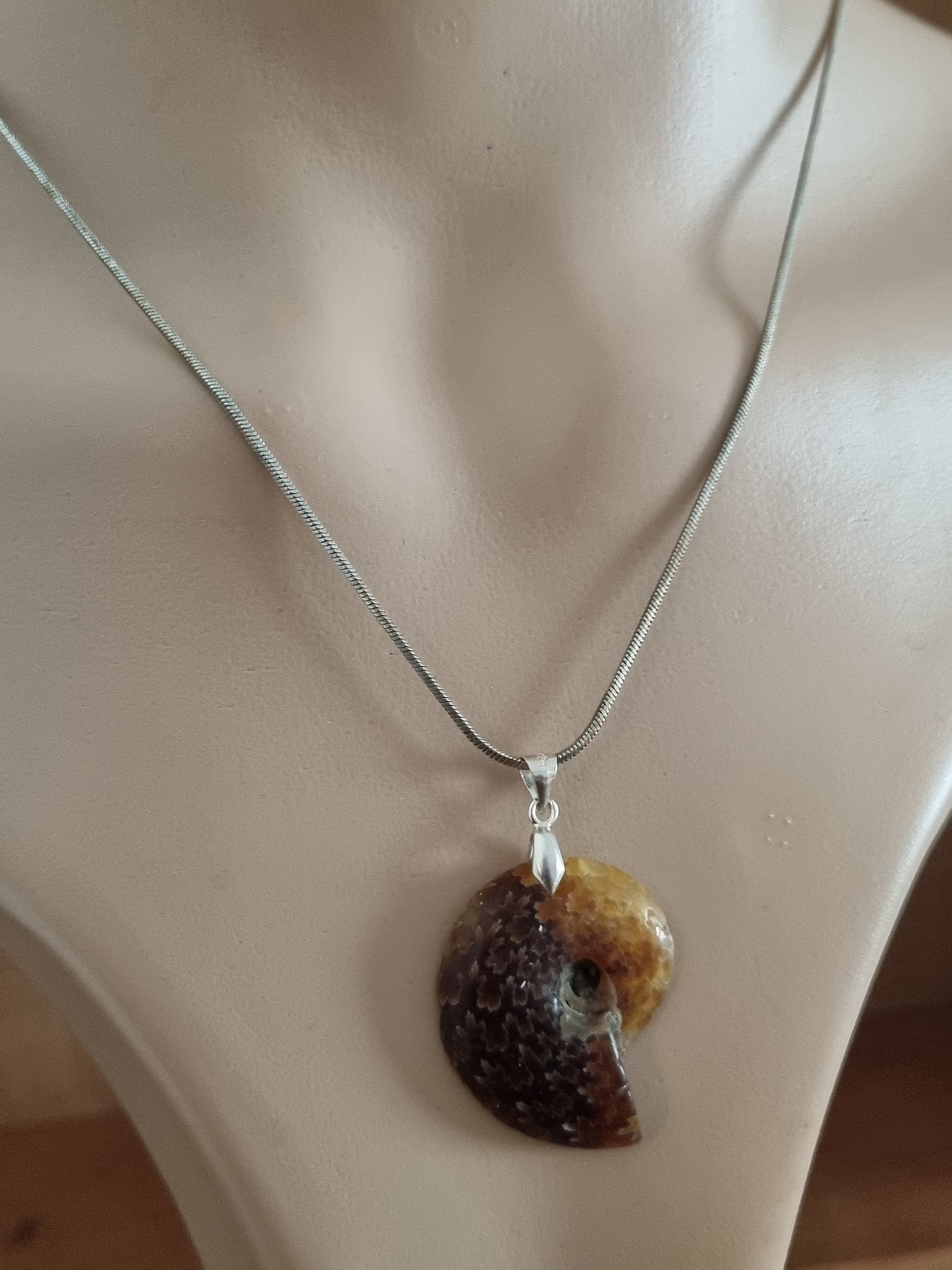Vintage Necklace Silver Ammonite Fossil Pendant. 925 Sterling Silver, 18ct Gold Plated