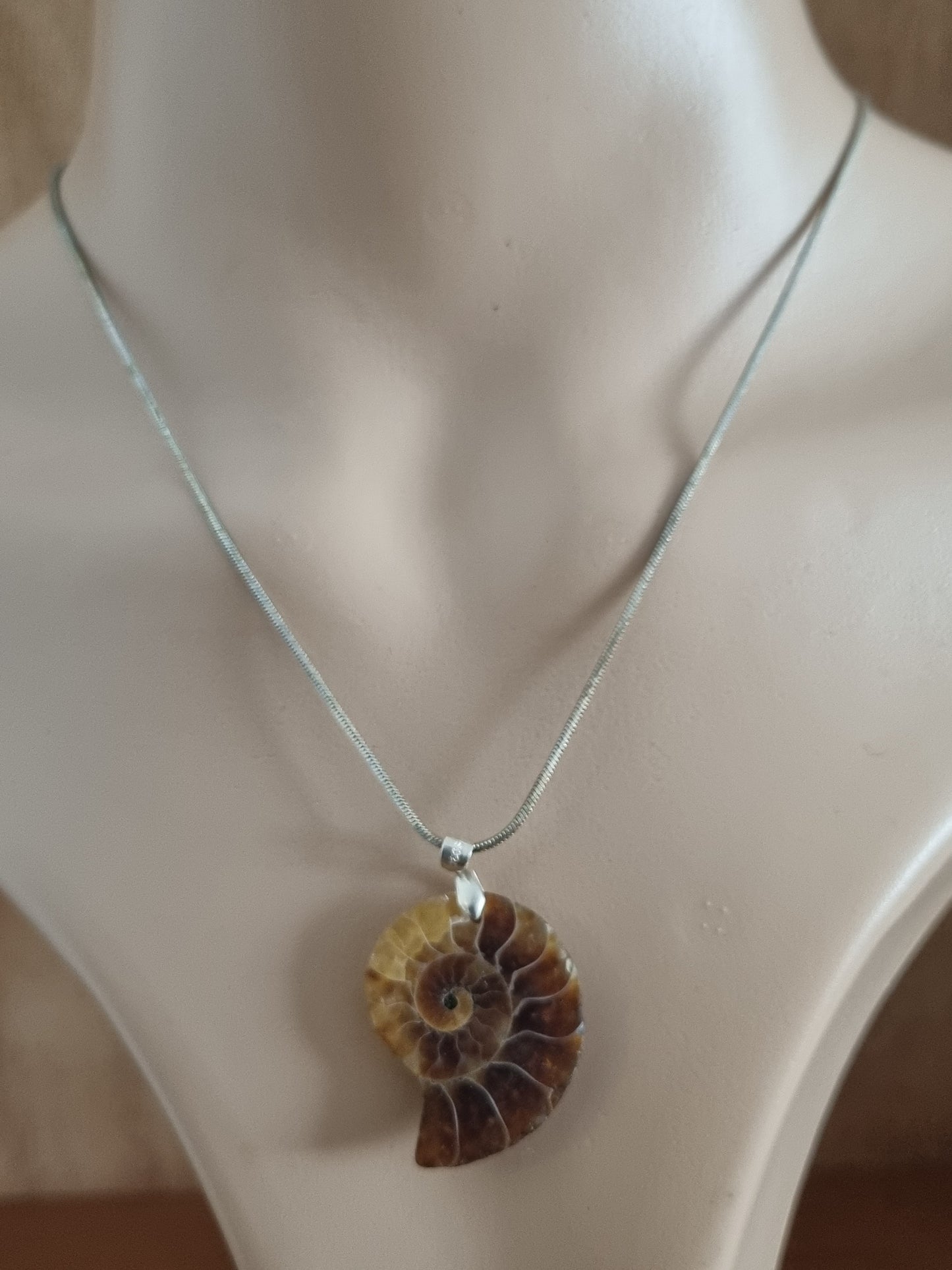Vintage Necklace Silver Ammonite Fossil Pendant. 925 Sterling Silver, 18ct Gold Plated