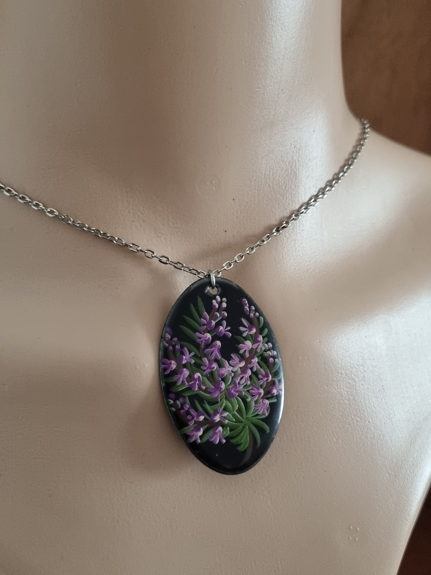 Vintage Necklace Hand Enamelled Silver Tone Chain Thistle Flower Purple and Black Pendant