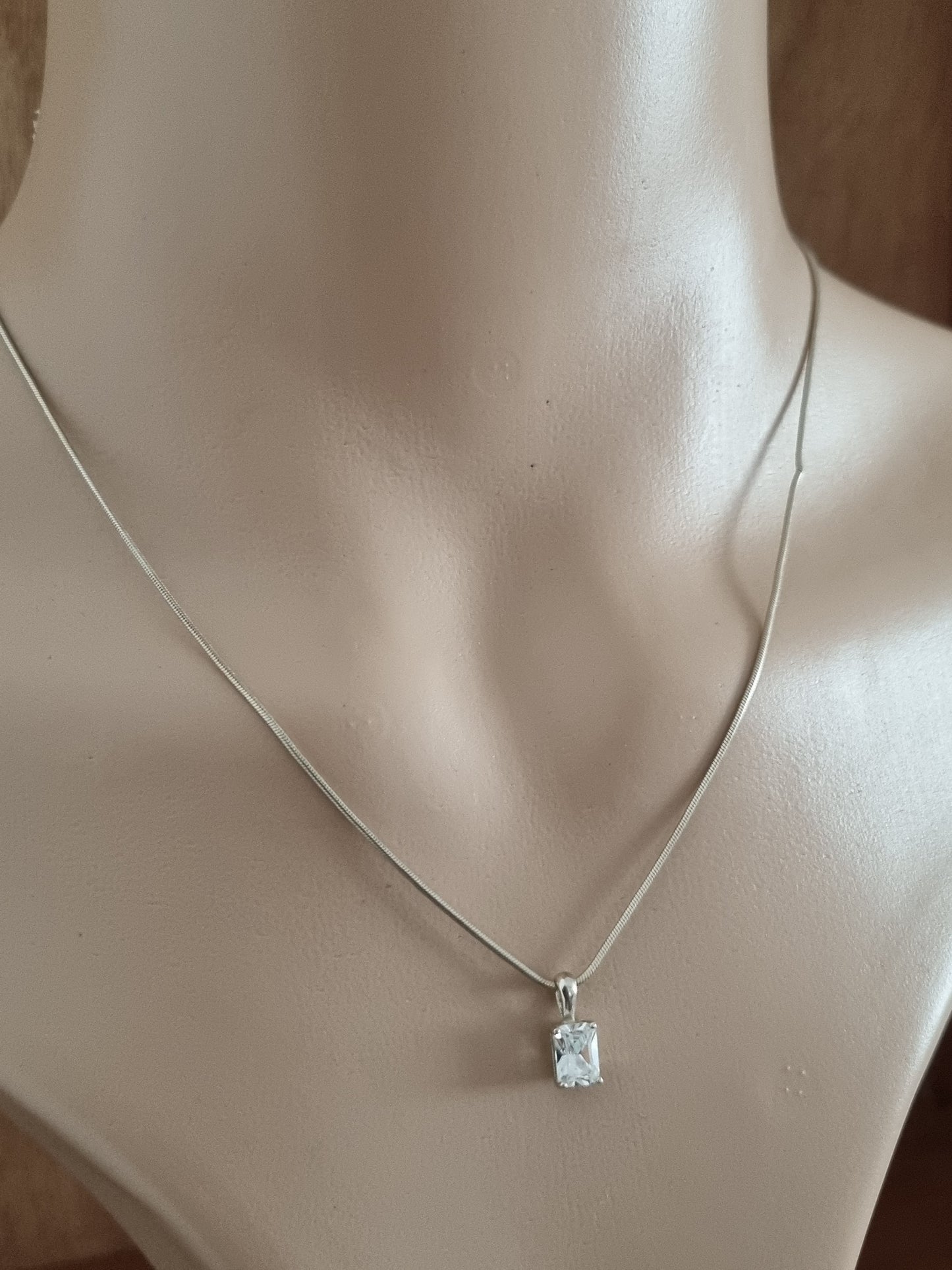 Vintage Necklace 925 Sterling Silver Square Cubic Zirconia Drop Pendant and Chain