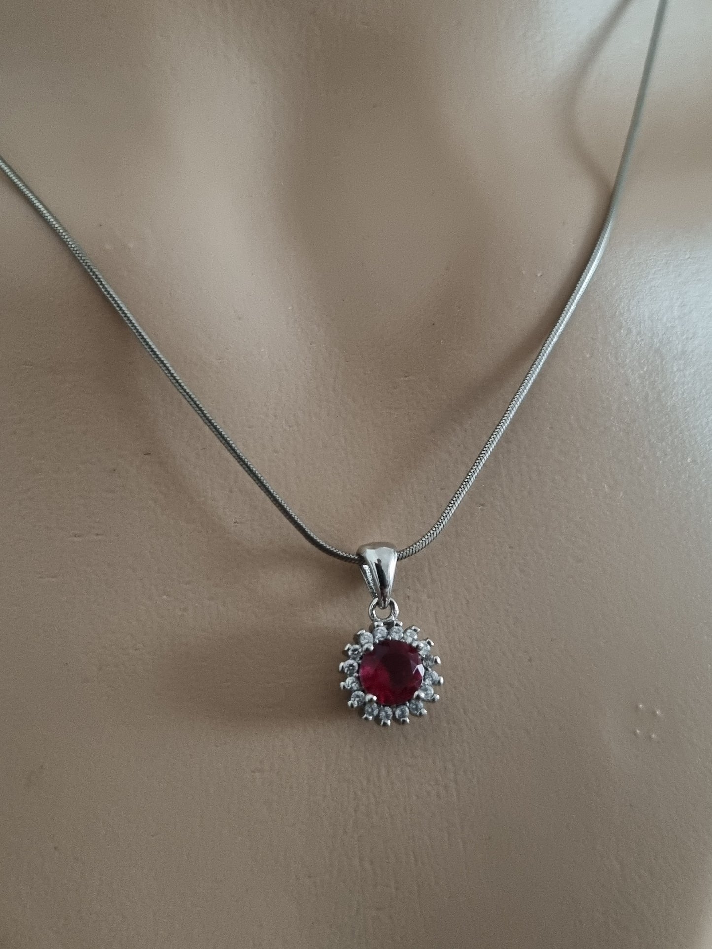 Vintage Necklace 925 Sterling Silver Ruby Cubic Zirconia Italian Chain
