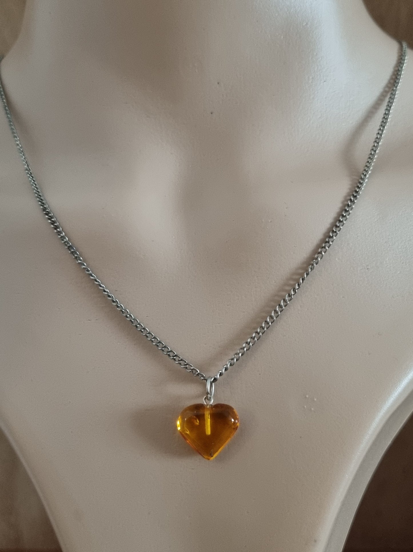Vintage Necklace Silver Tone Natural Amber Heart Stone Orange