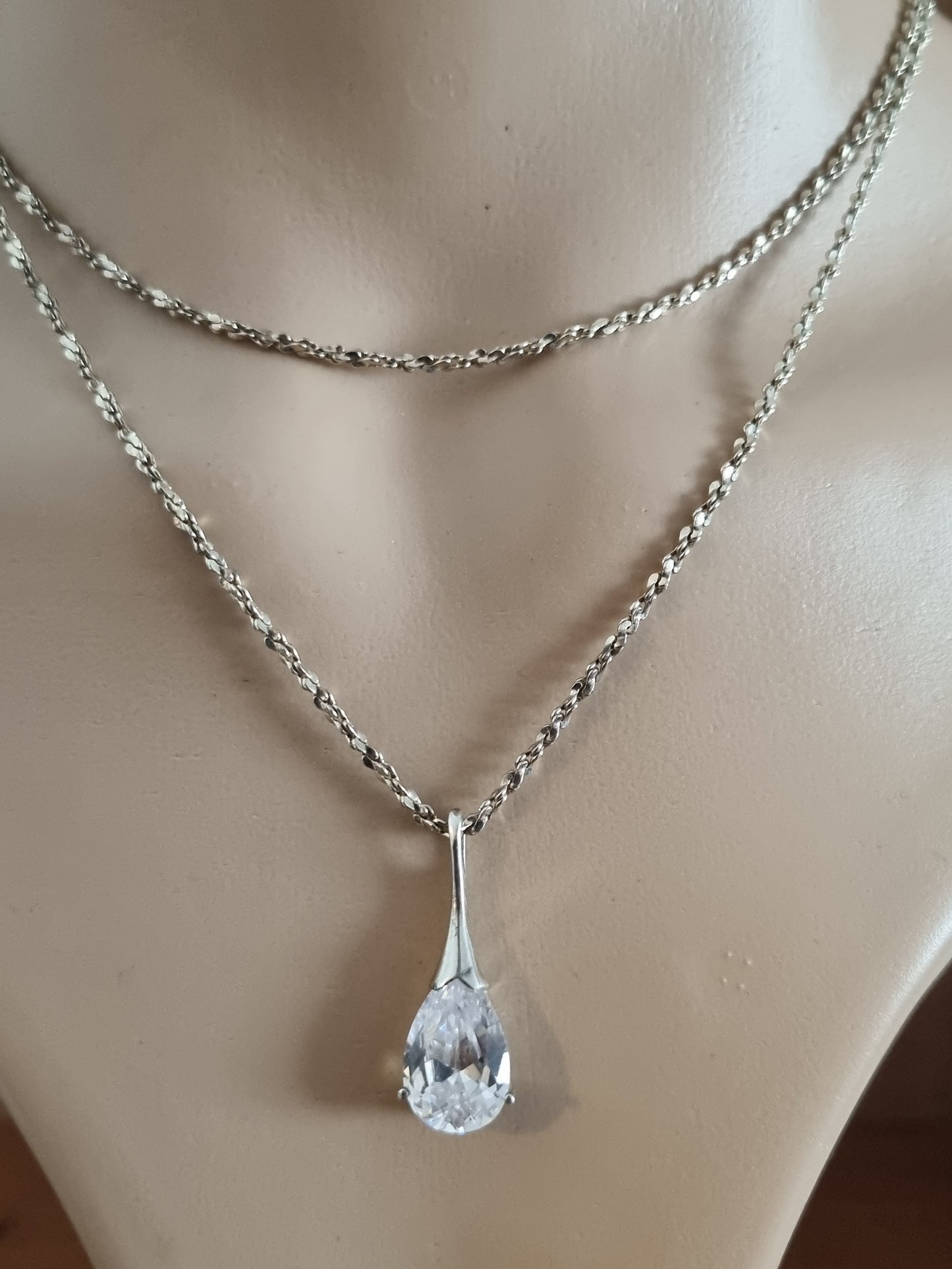 Vintage Necklace 925 Sterling Silver Pear Teardrop Cubic Zirconia Pendant