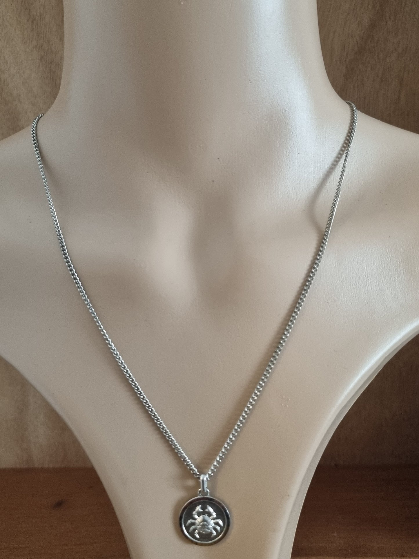 Vintage Necklace Zodiac Crab Cancer Round Silver Tone Pendant and Chain