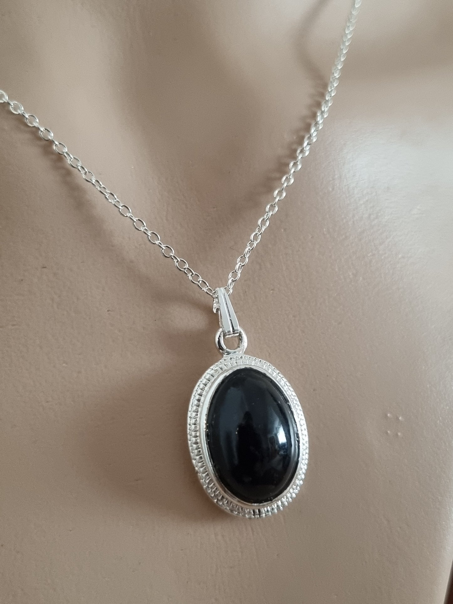 Vintage Necklace 925 Sterling Silver Chain, Costume Black Onyx Pendant