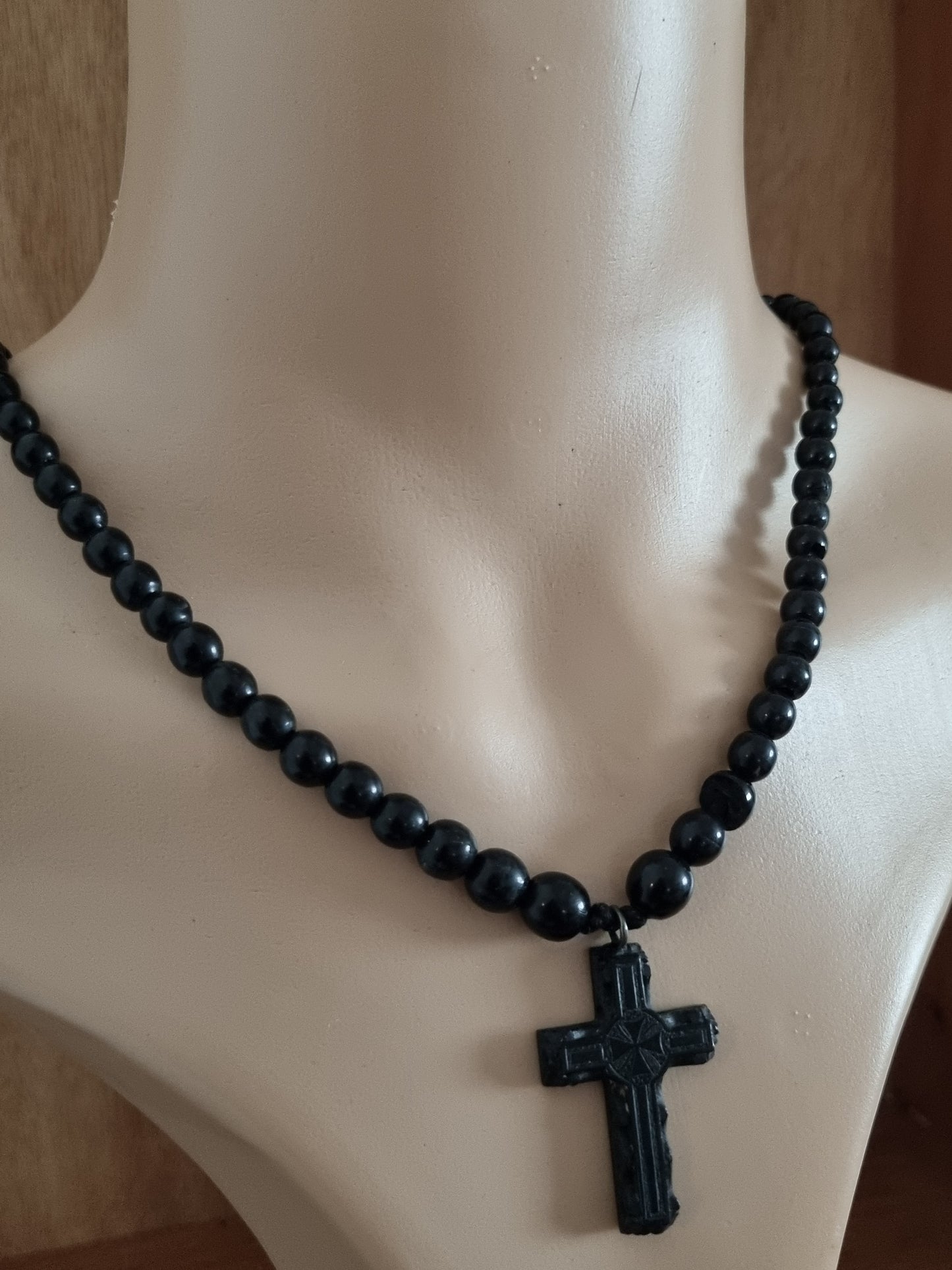 Vintage Necklace Statement Black Crucifix Plastic Religious Mourning Pendant