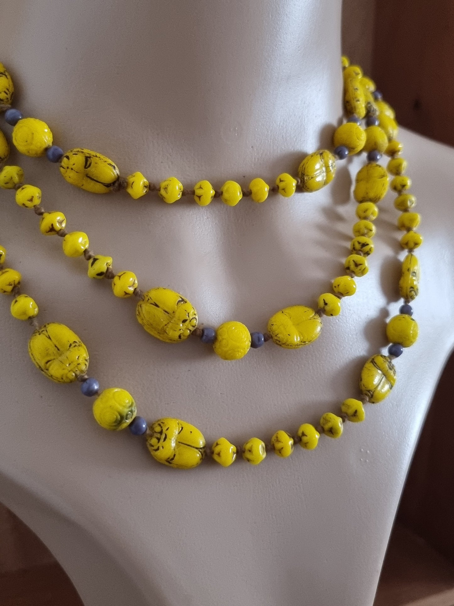 Vintage Necklace Neifer Scarab Bright Yellow Bead Glass Art Deco Flapper