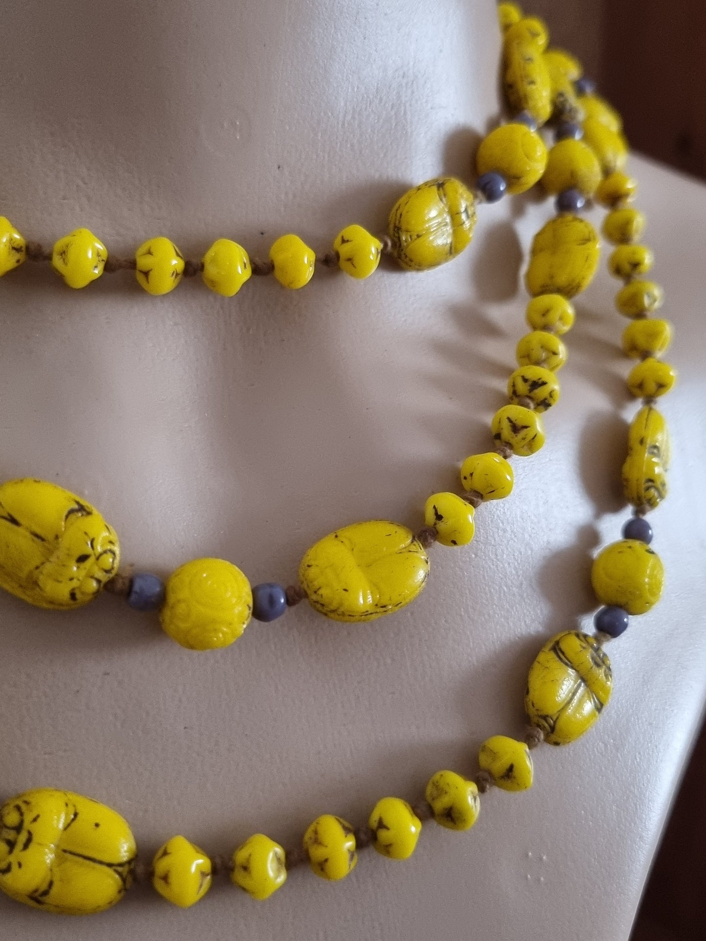 Vintage Necklace Neifer Scarab Bright Yellow Bead Glass Art Deco Flapper