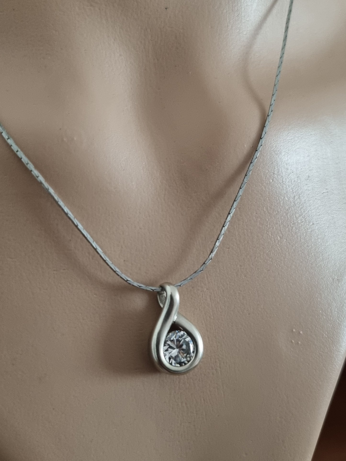 Vintage Necklace 925 Sterling Silver Pear Cubic Zirconia Pendant, Costume Silver Tone Pendant