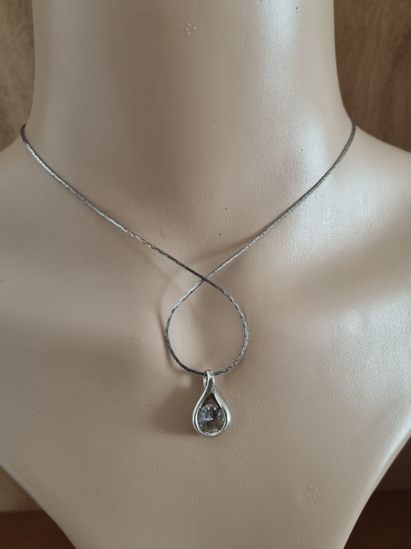 Vintage Necklace 925 Sterling Silver Pear Cubic Zirconia Pendant, Costume Silver Tone Pendant