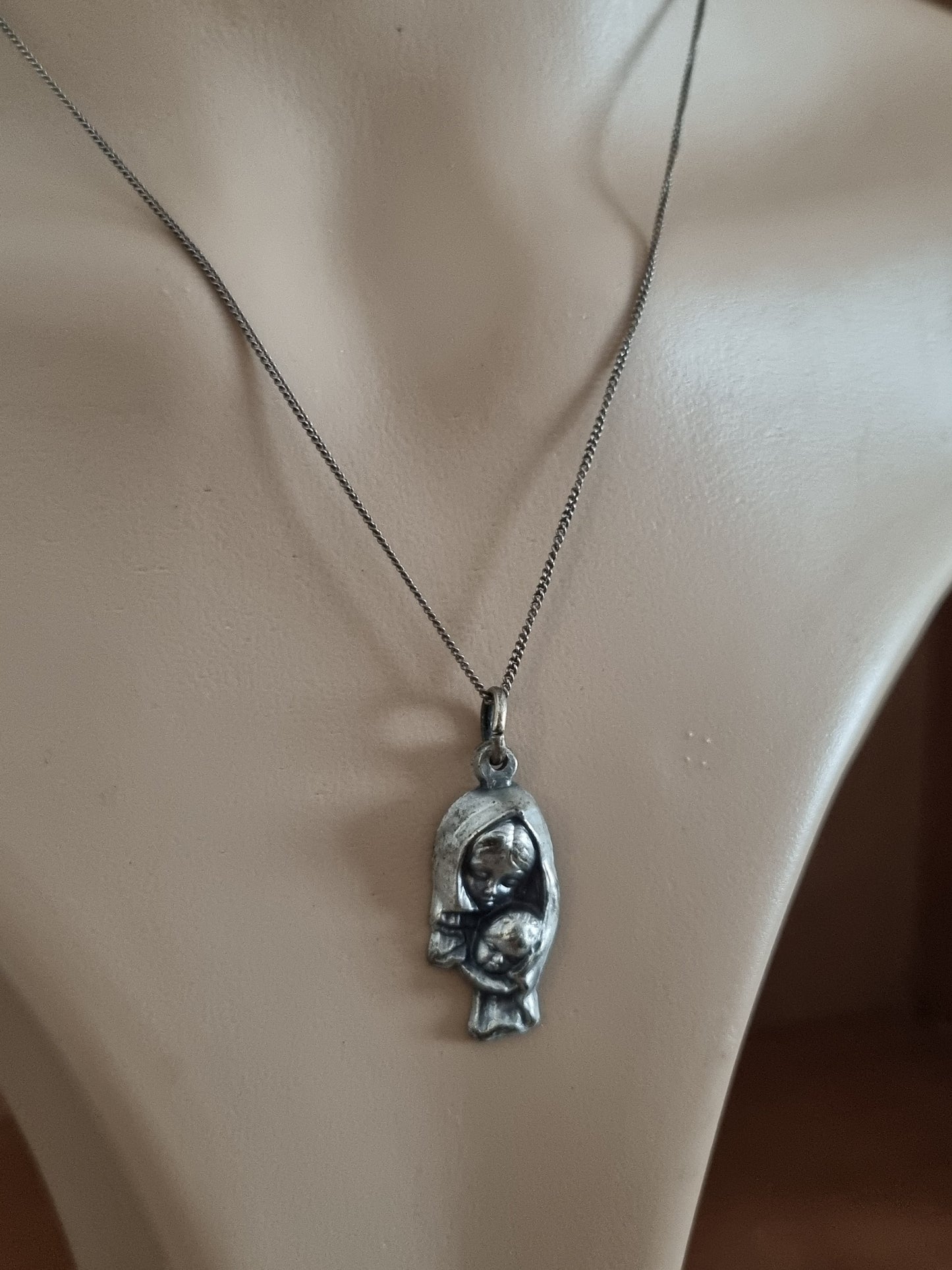 Vintage Necklace 60s Catholic Lady of Lourdes and Child Jesus Pendant