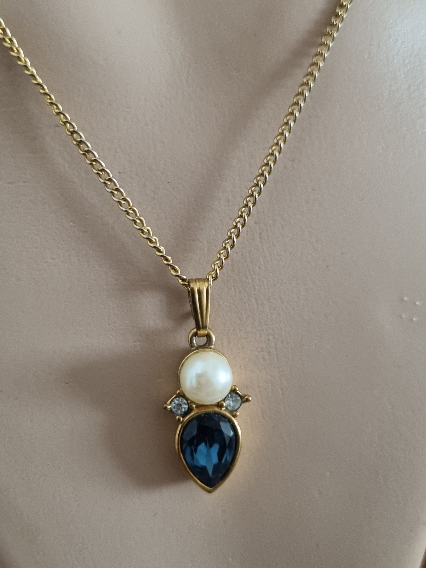 Vintage Necklace Gold Tone Cubic Zirconia, Keyes, Blue Glass, Faux Pearl Costume