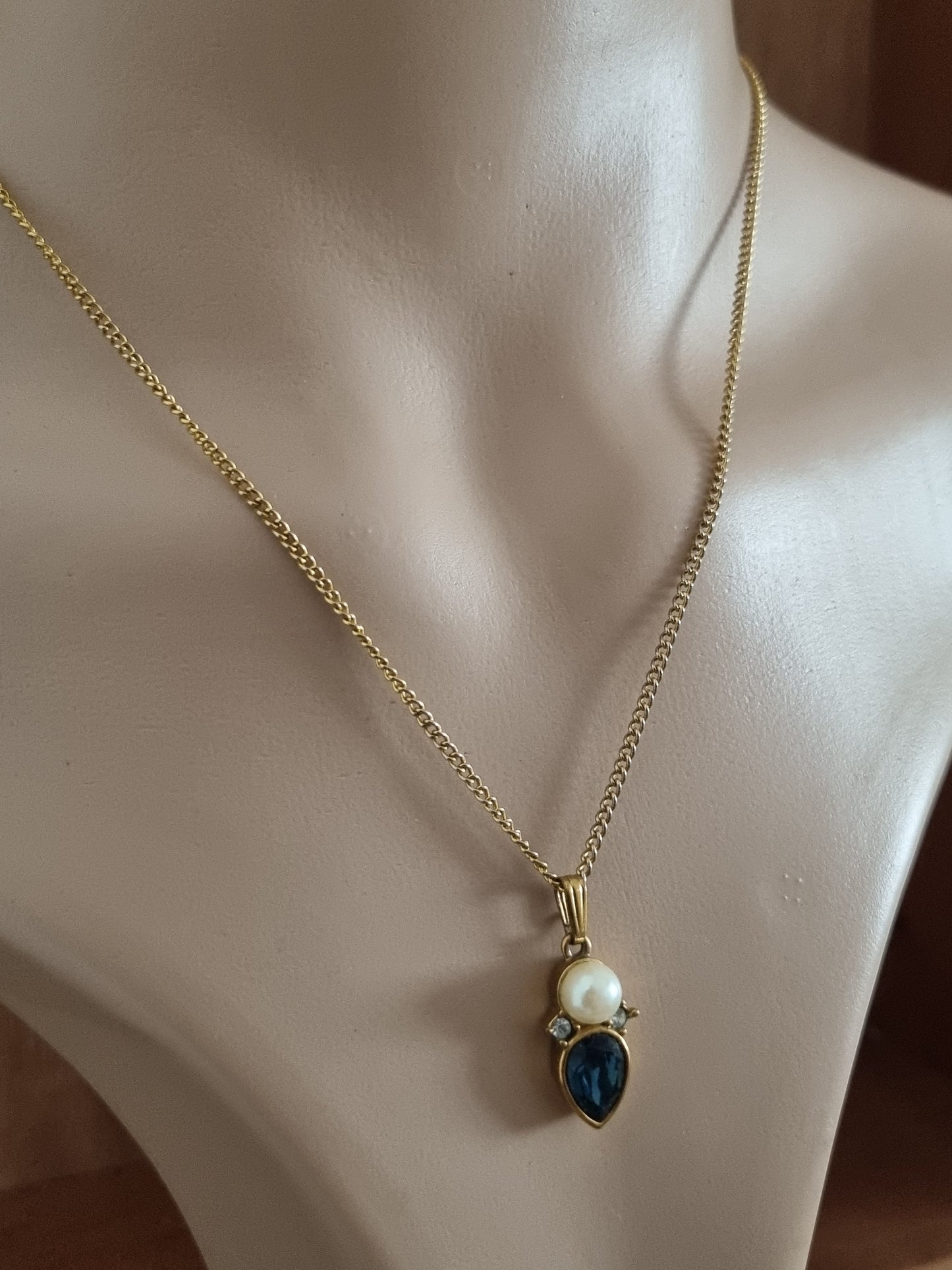 Vintage Necklace Gold Tone Cubic Zirconia, Keyes, Blue Glass, Faux Pearl Costume