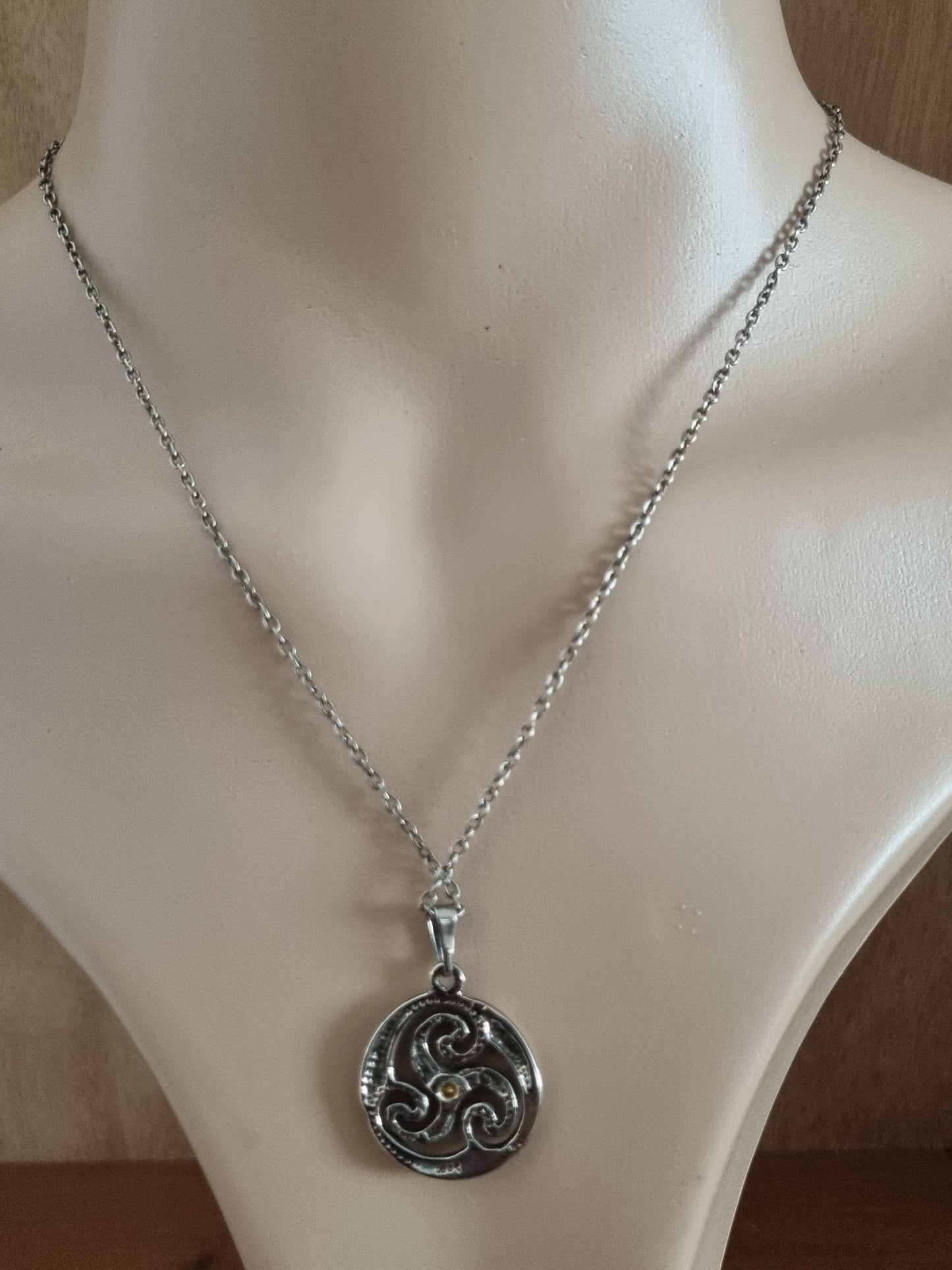Vintage Necklace Silver Tone Celtic Knit Triskle Purple Gem Costume Pendant and Chain