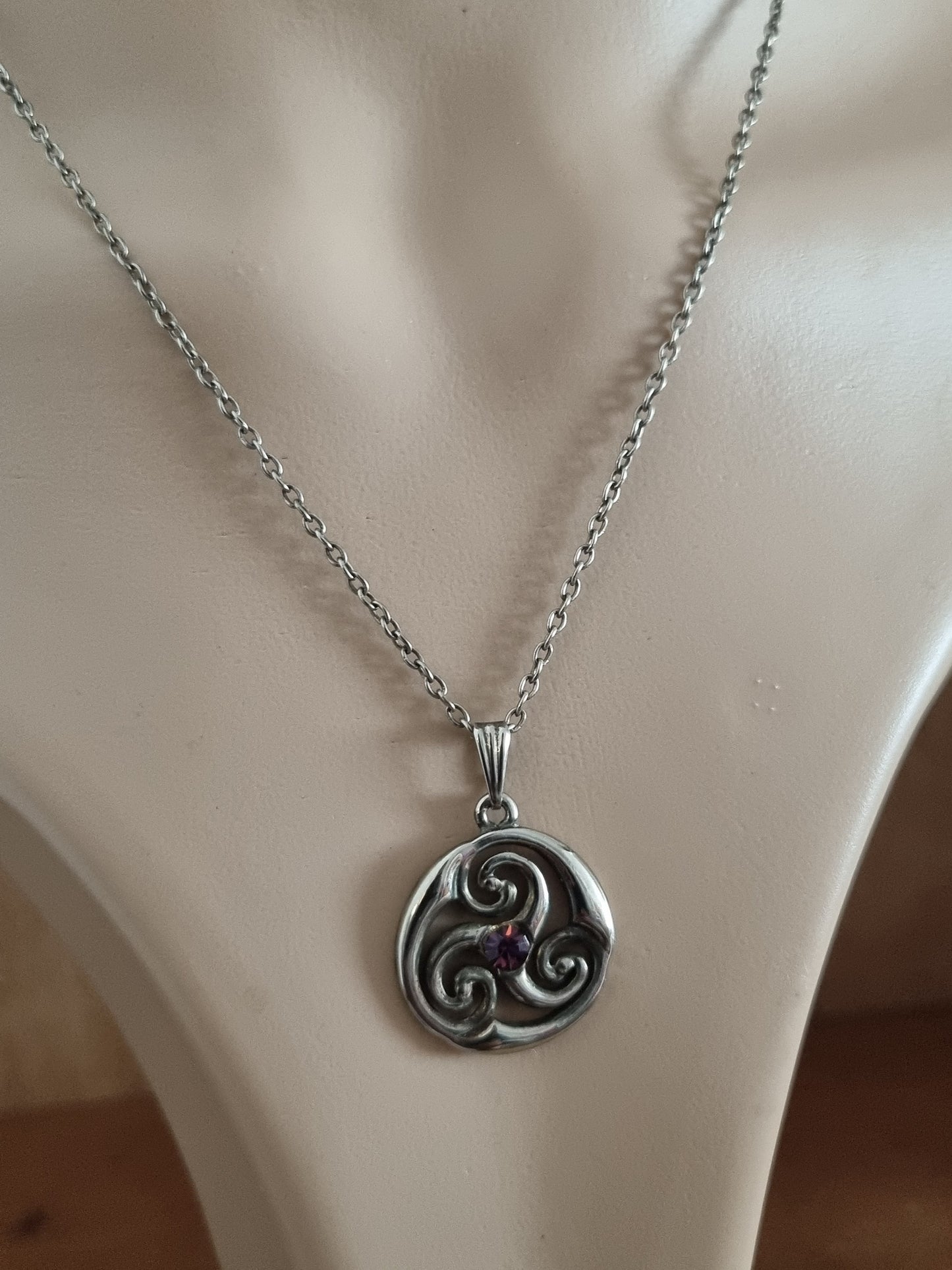 Vintage Necklace Silver Tone Celtic Knit Triskle Purple Gem Costume Pendant and Chain