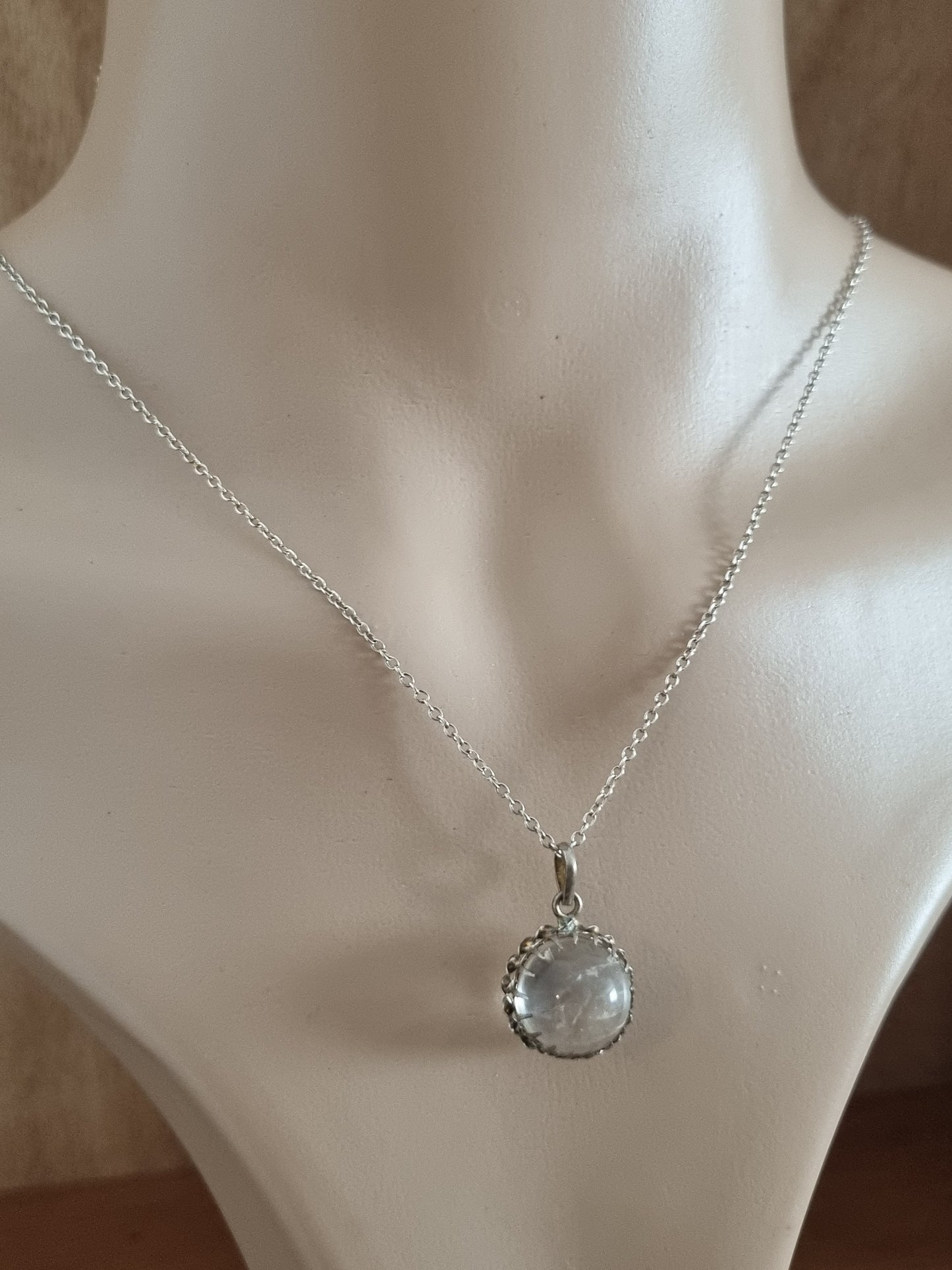 Vintage Necklace 925 Sterling Silver Glass Moon Crystal Ball Pendant and Chain