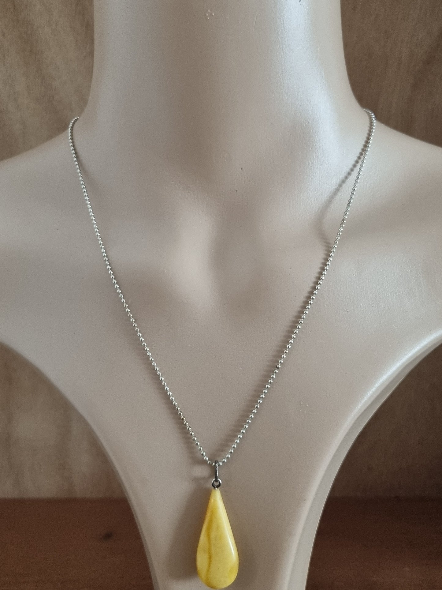 Vintage Necklace 925 Sterling Silver Butterscotch Amber Teardrop Pendant and Costume Chain