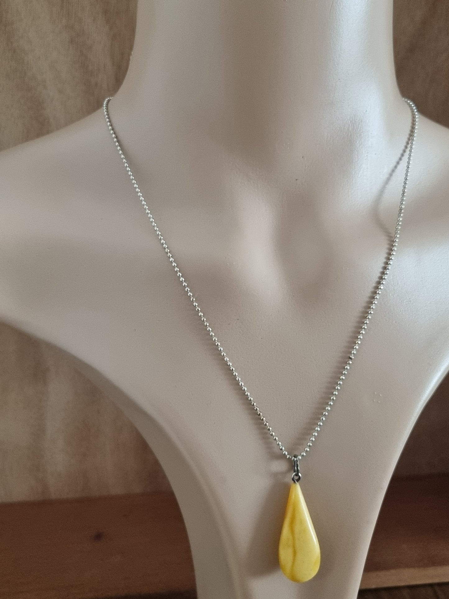 Vintage Necklace 925 Sterling Silver Butterscotch Amber Teardrop Pendant and Costume Chain