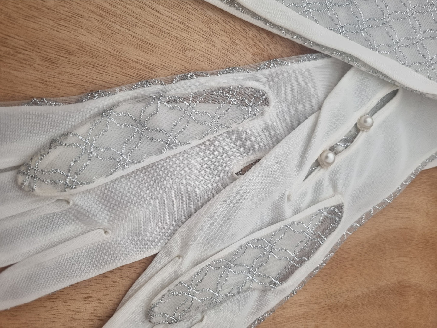 Vintage Gloves Silver Sheer Long White Faux Pearl Polymix Made in England