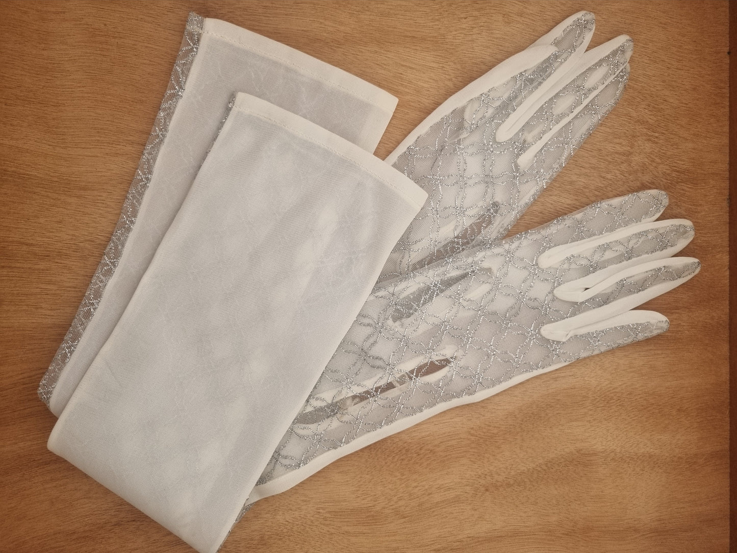 Vintage Gloves Silver Sheer Long White Faux Pearl Polymix Made in England