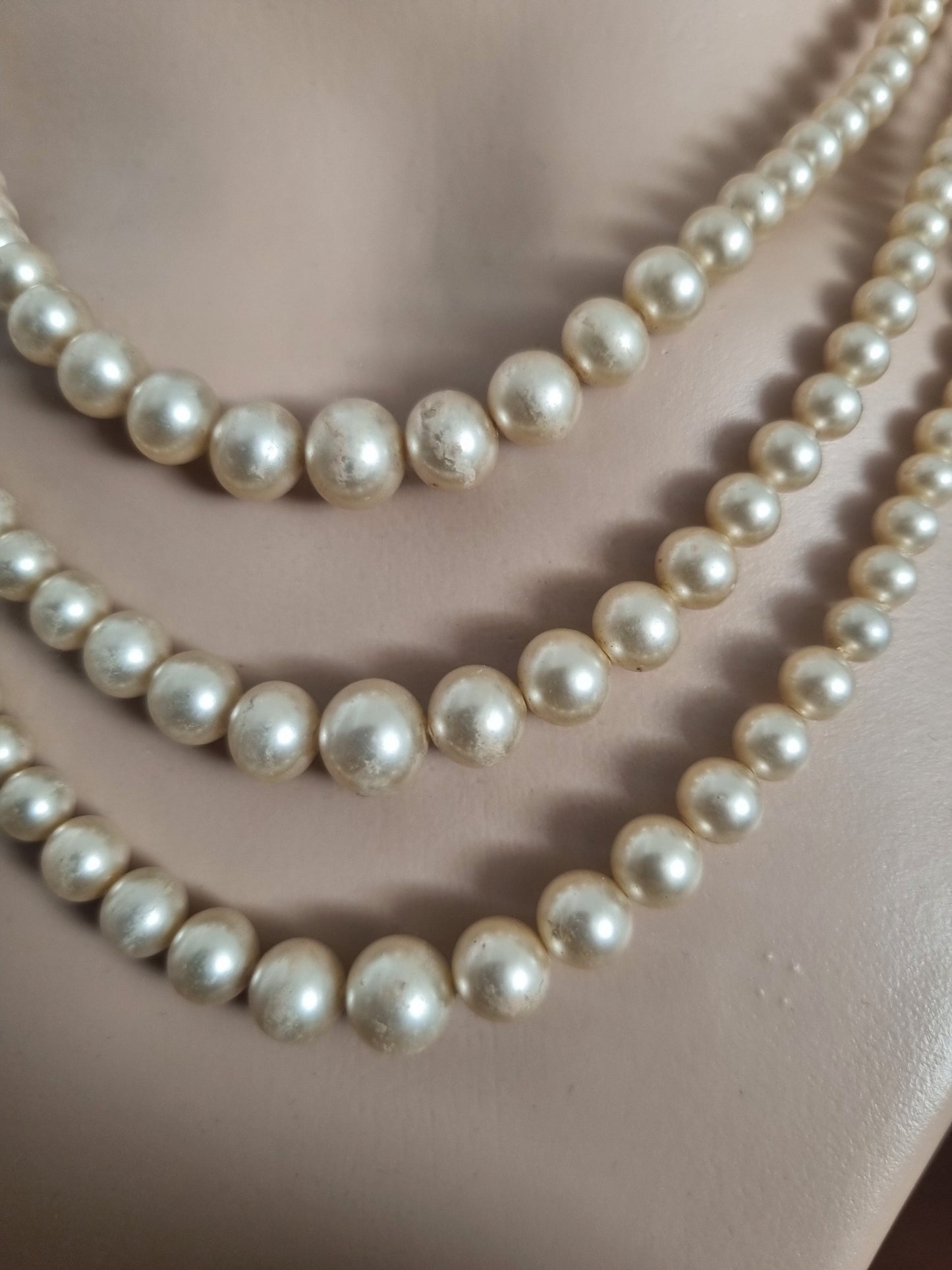 Vintage Necklace Three Strand Faux Pearl 70s Maracasite Silver Clasp. Worn
