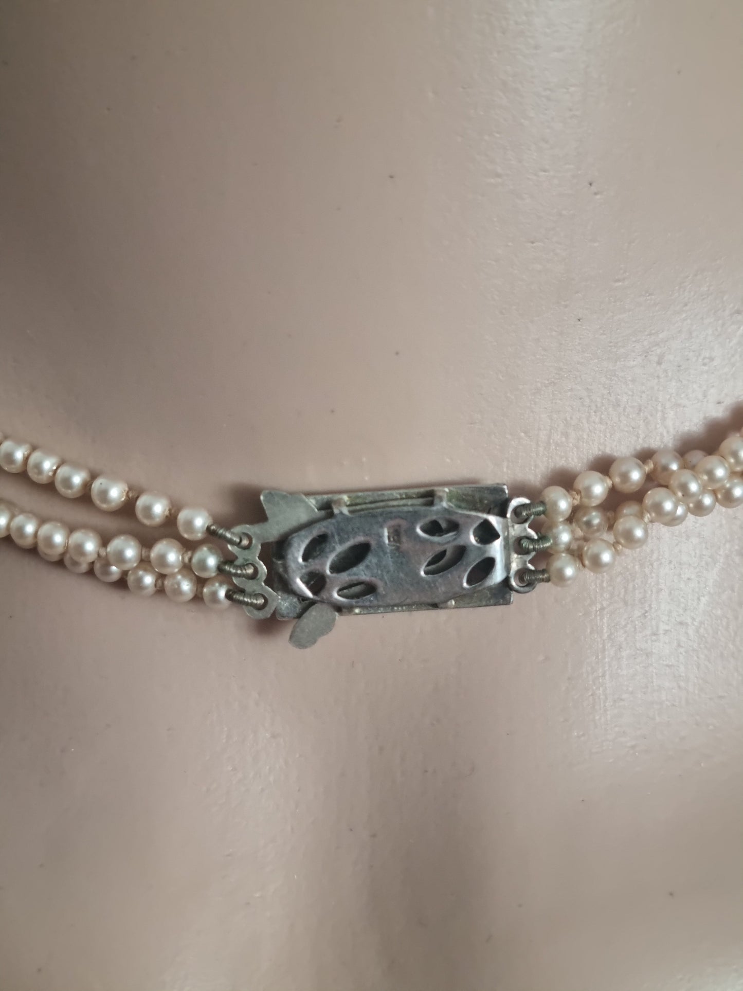 Vintage Necklace Three Strand Faux Pearl 70s Maracasite Silver Clasp. Worn