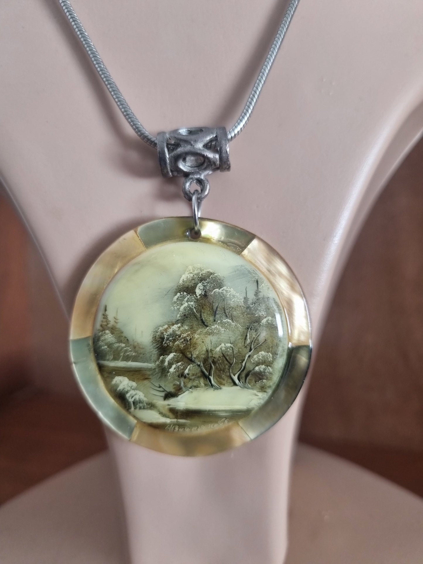 Vintage Necklace Mother of Pearl Large Silver Tone Russian Handpainted Winter Scene