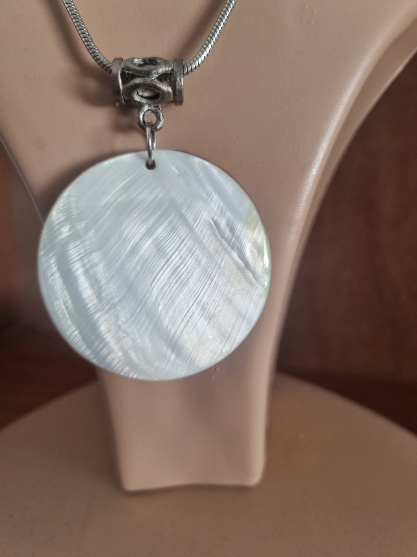 Vintage Necklace Mother of Pearl Large Silver Tone Russian Handpainted Winter Scene