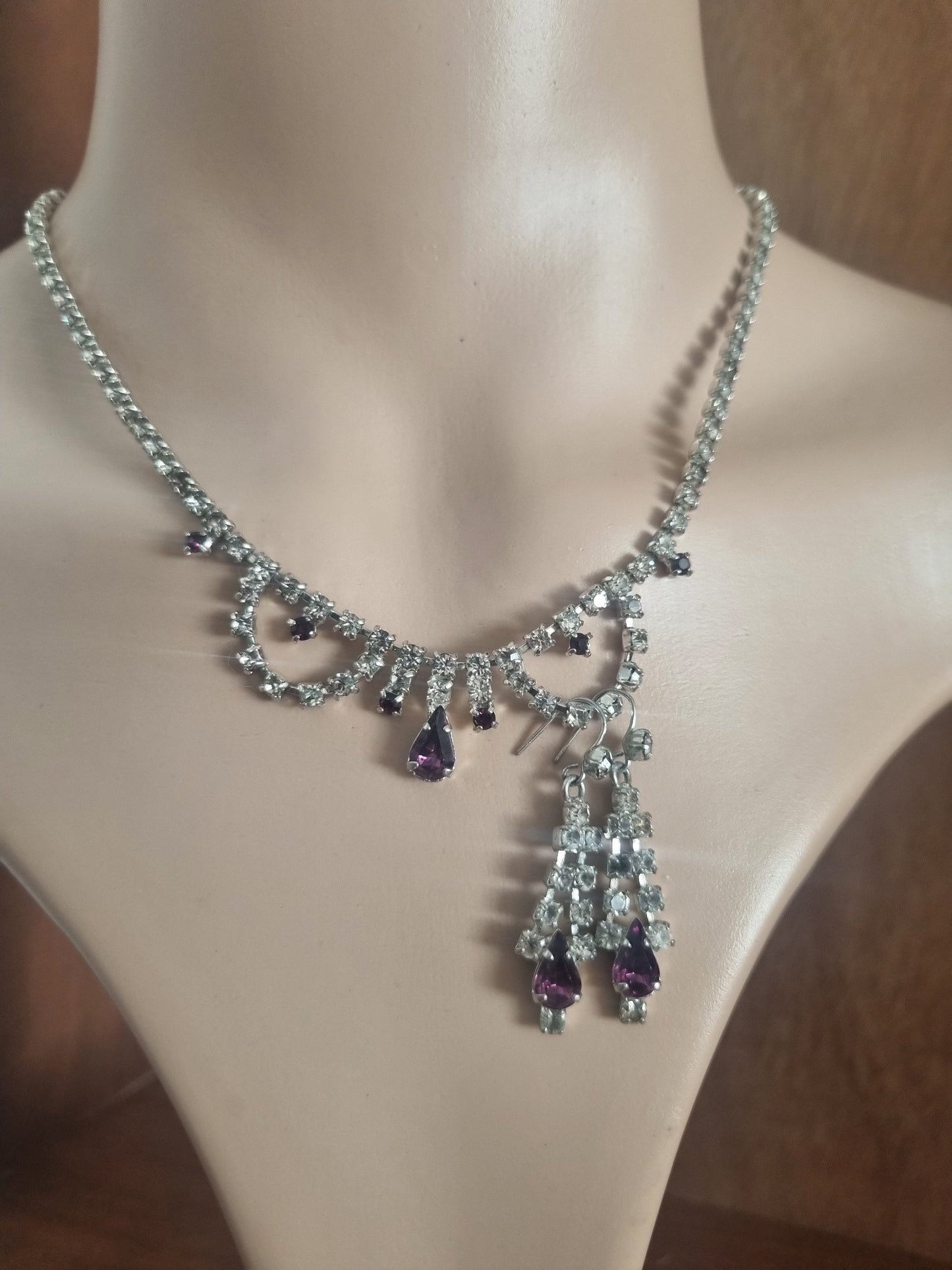 Vintage Set Necklace and Earrings 60s Set Paste Stone, Silver Tone Purple and Clear