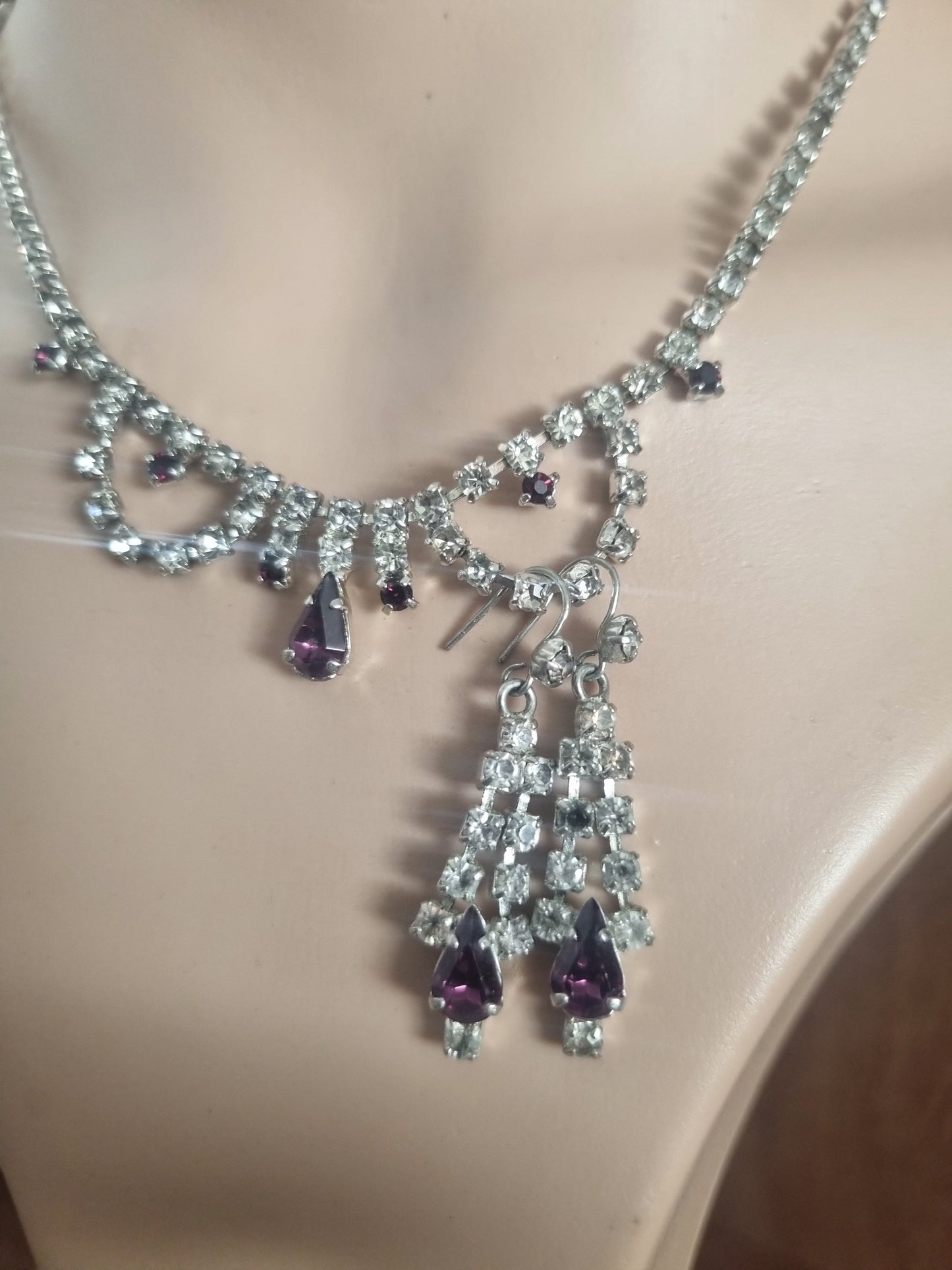 Vintage Set Necklace and Earrings 60s Set Paste Stone, Silver Tone Purple and Clear
