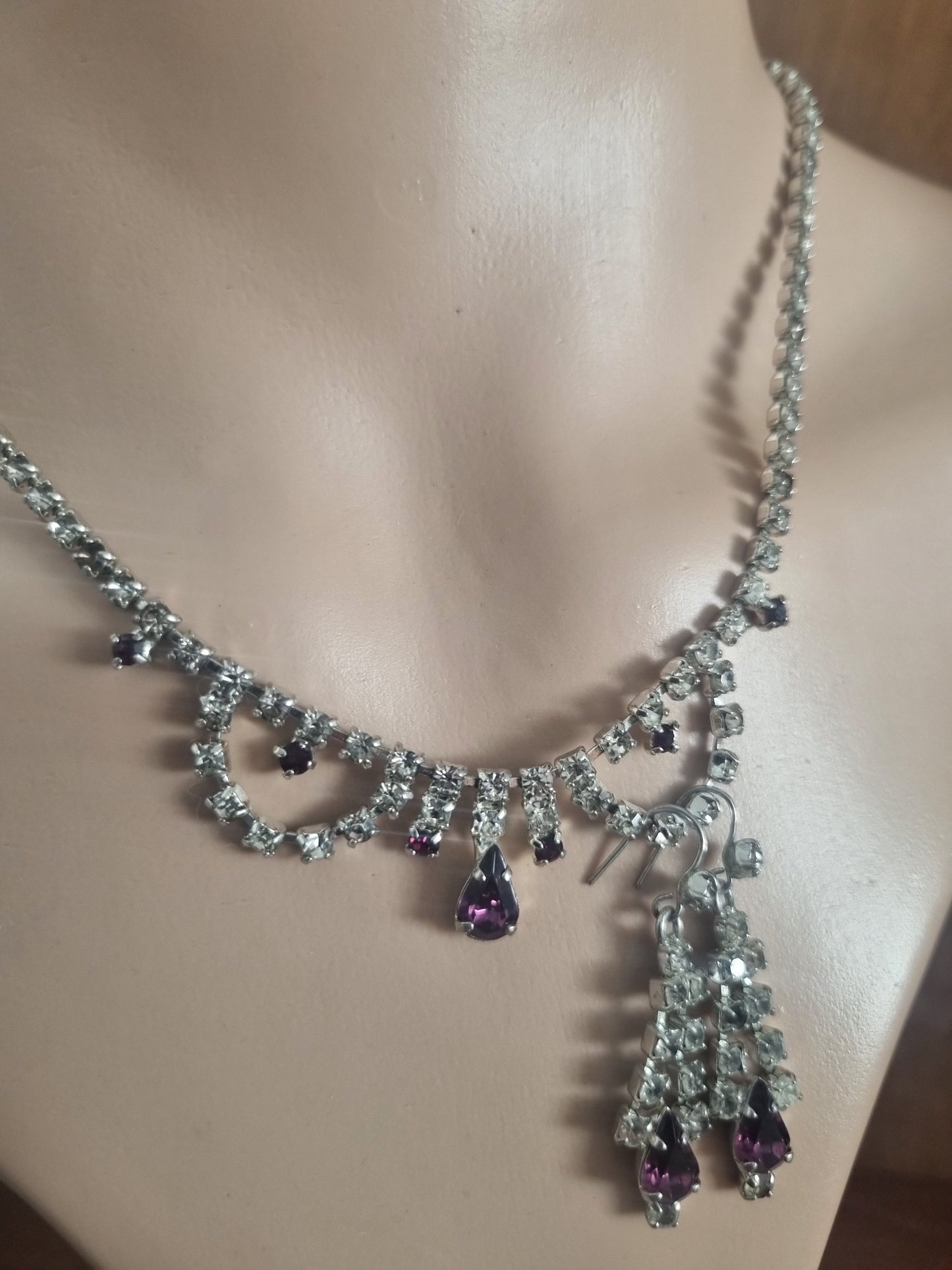 Vintage Set Necklace and Earrings 60s Set Paste Stone, Silver Tone Purple and Clear