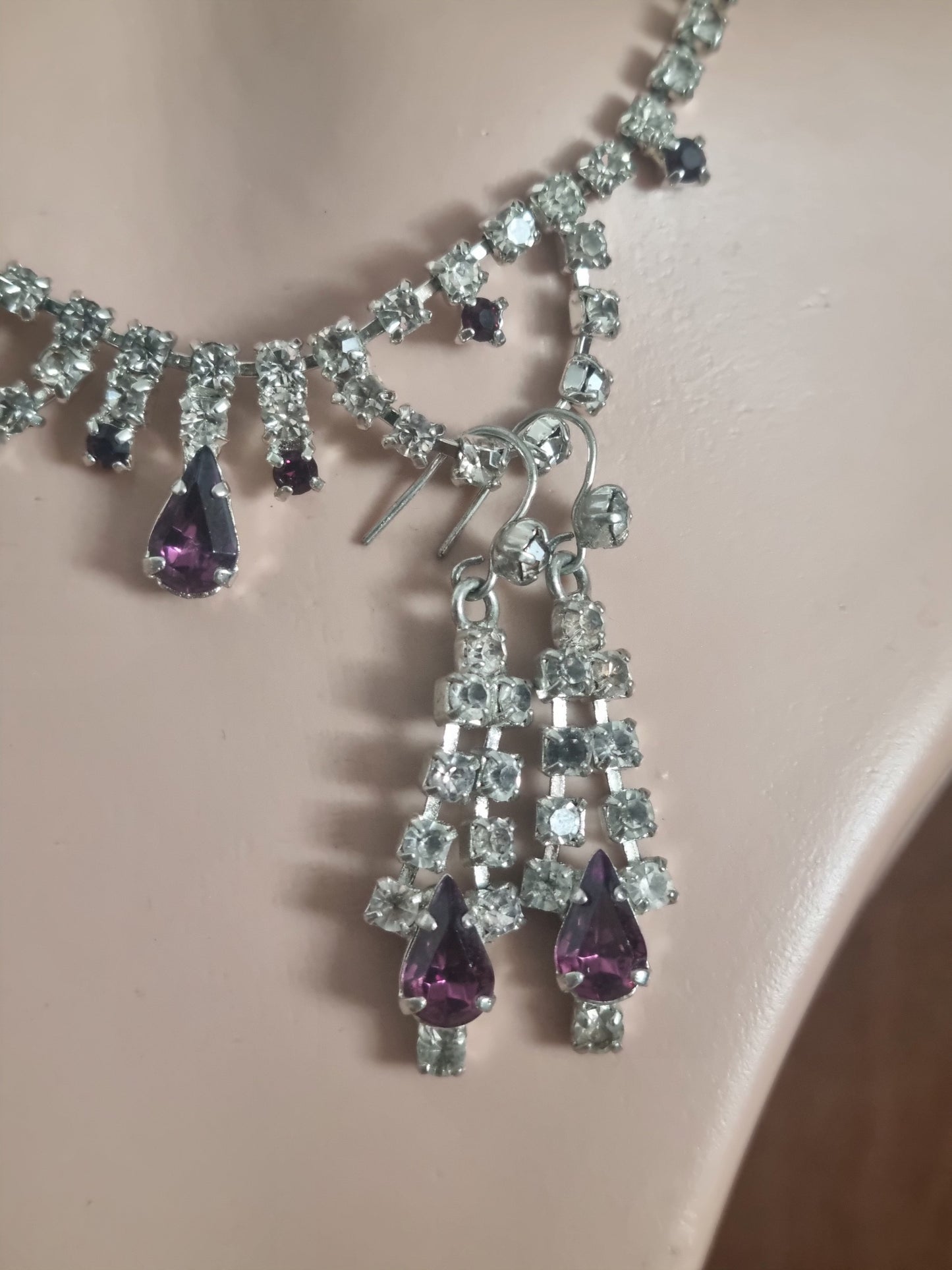 Vintage Set Necklace and Earrings 60s Set Paste Stone, Silver Tone Purple and Clear