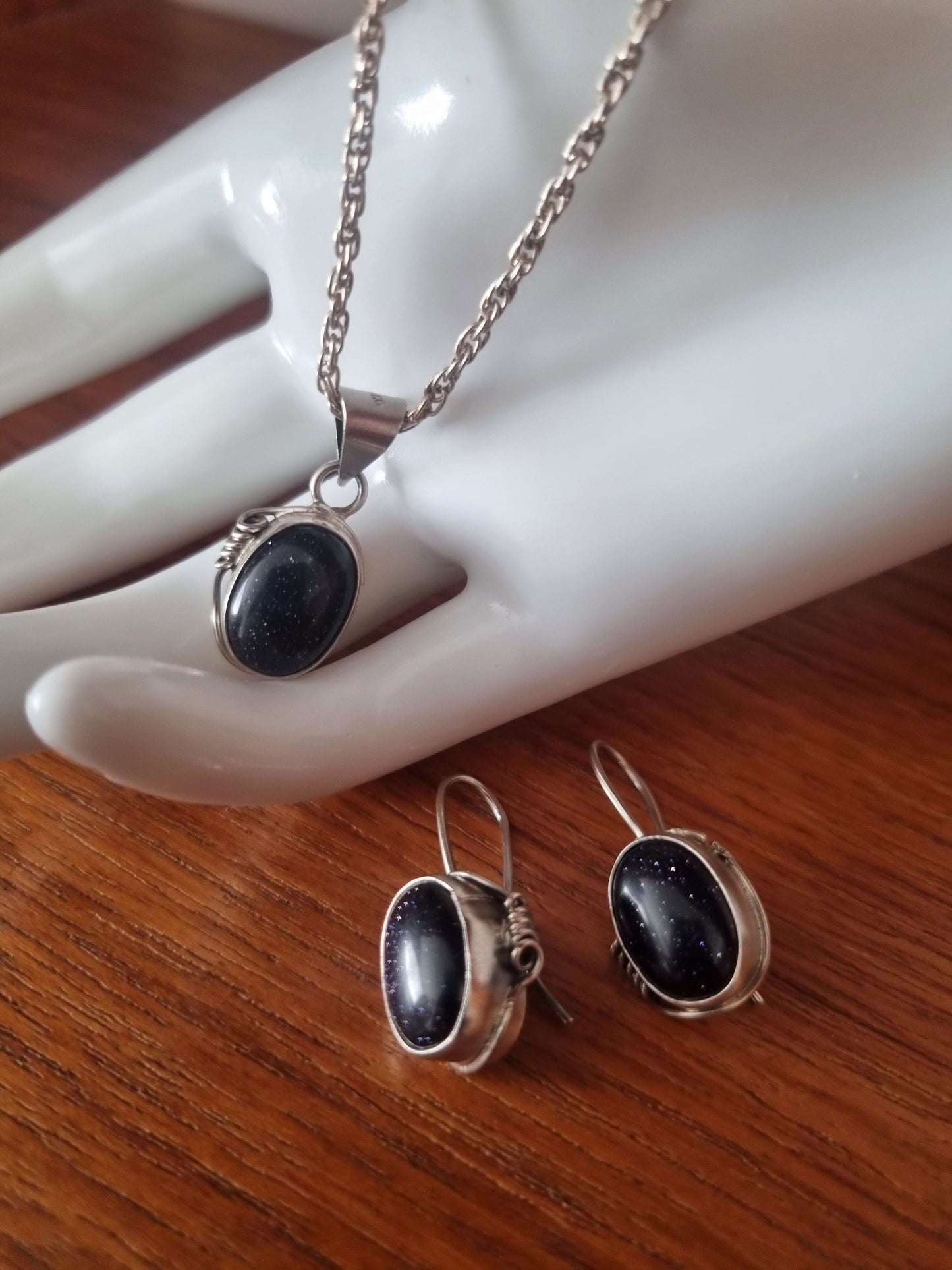 Vintage Necklace Set Necklace and Earrings Blue Goldstone Set Rope Detail Silver
