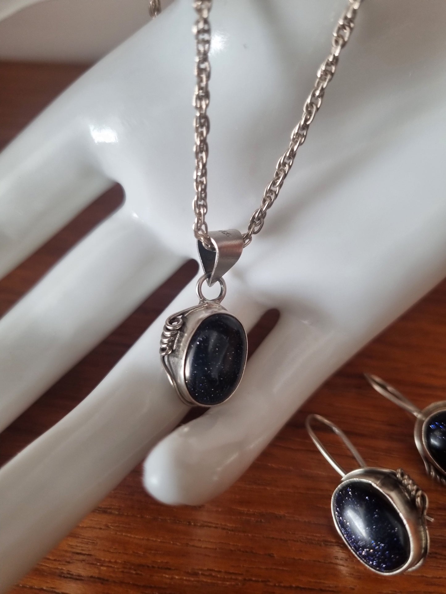 Vintage Necklace Set Necklace and Earrings Blue Goldstone Set Rope Detail Silver