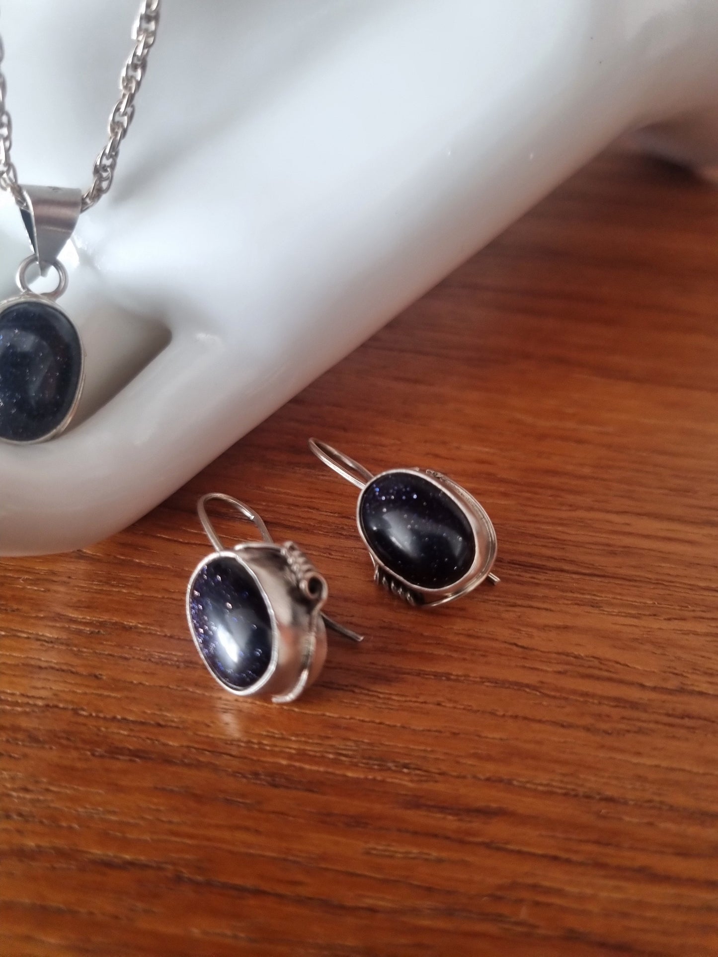 Vintage Necklace Set Necklace and Earrings Blue Goldstone Set Rope Detail Silver