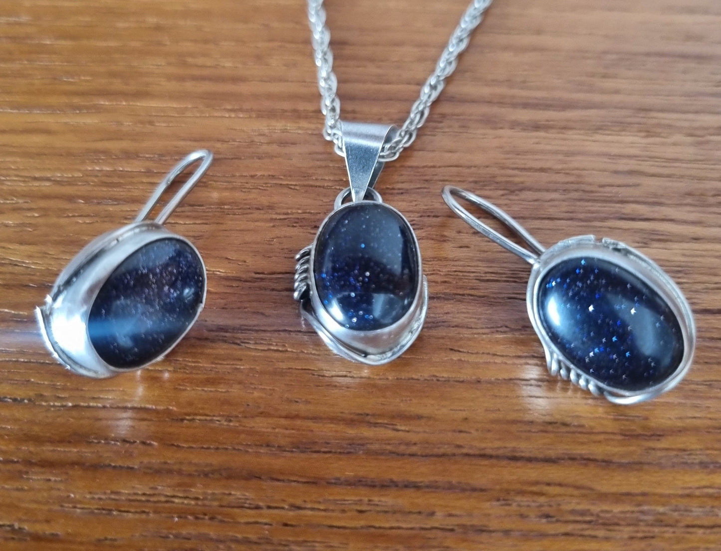 Vintage Necklace Set Necklace and Earrings Blue Goldstone Set Rope Detail Silver