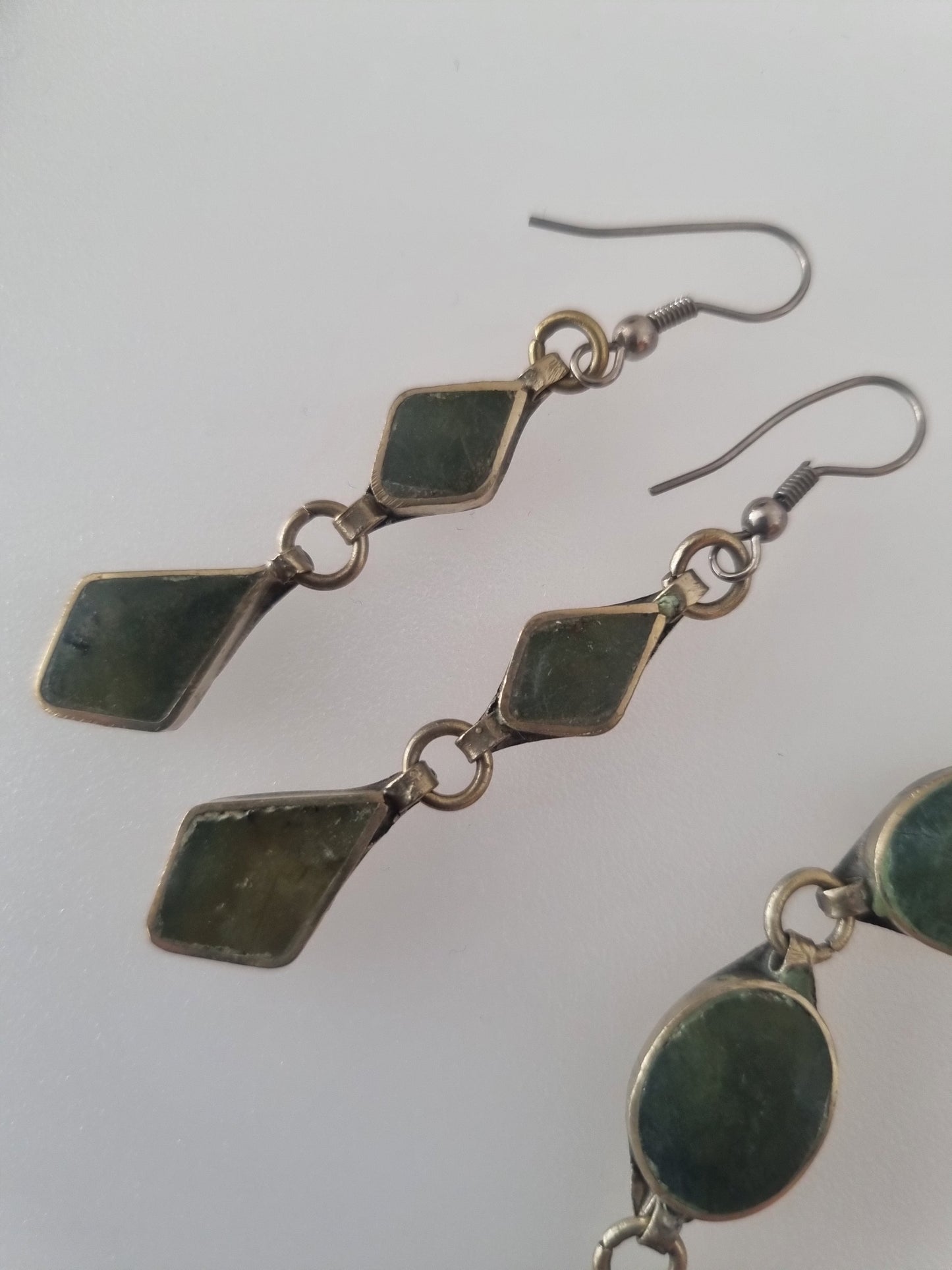 Vintage Necklace Set Bracelet and Earrings Dark Green Cabochones Base Metal
