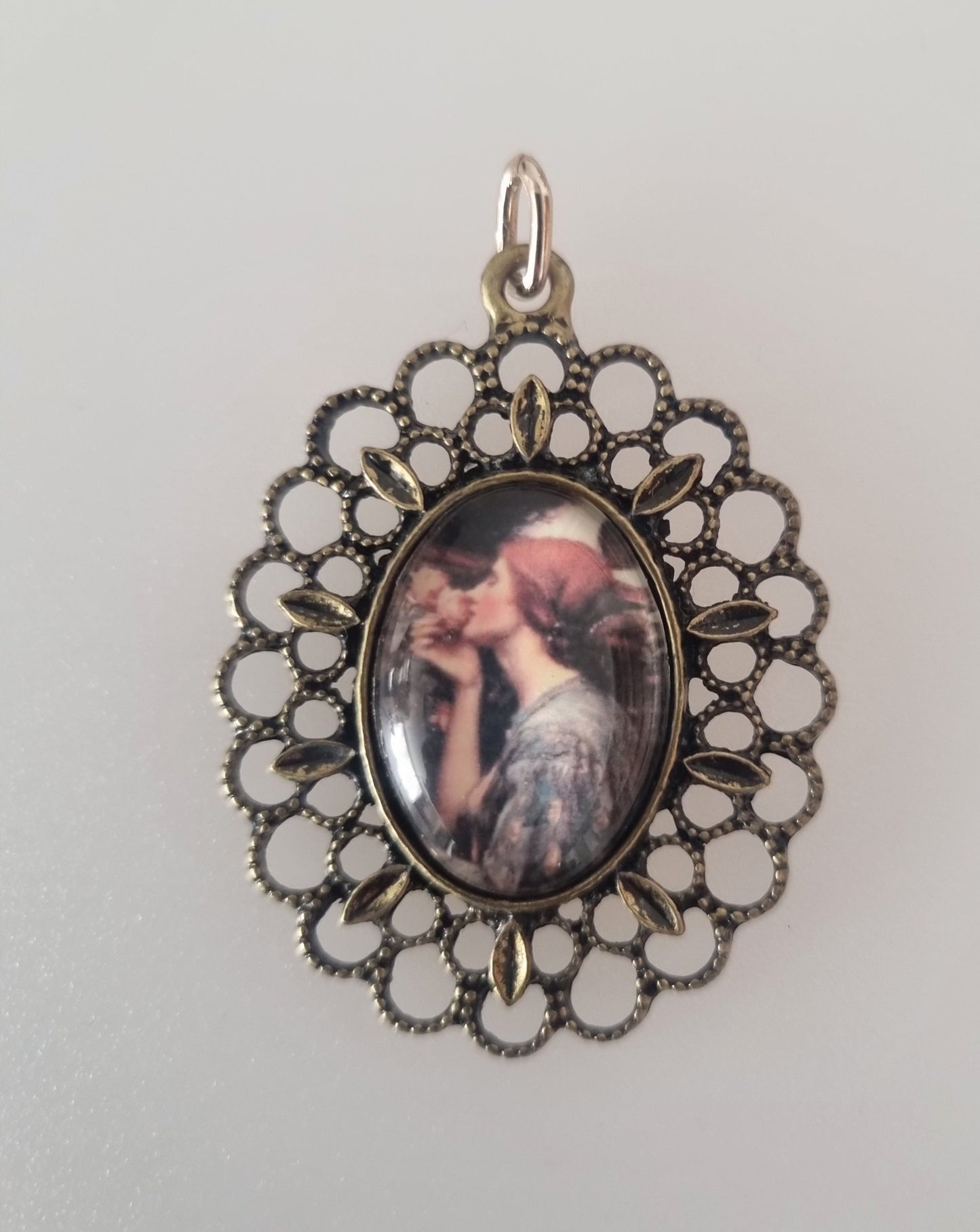 Vintage Pendant Charm Lady with Rose Pre-Raphelite Bronze