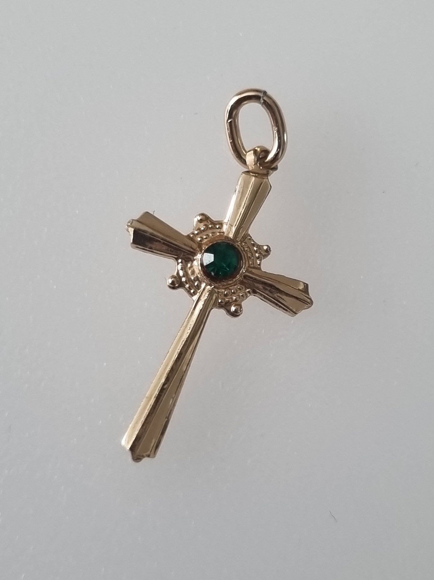 Vintage Pendant Charm Cross Crucifix Gold Tone Lab Emerald. Made in Germany