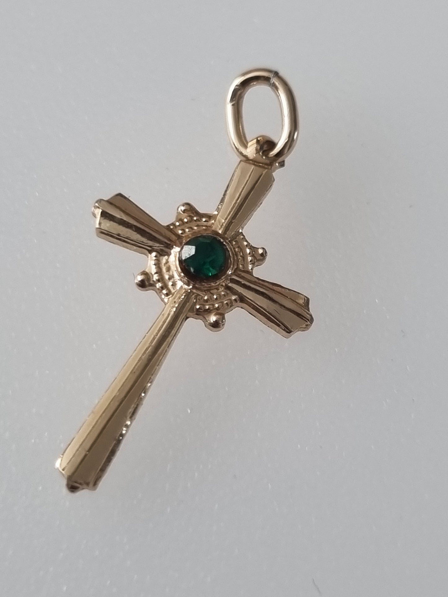 Vintage Pendant Charm Cross Crucifix Gold Tone Lab Emerald. Made in Germany