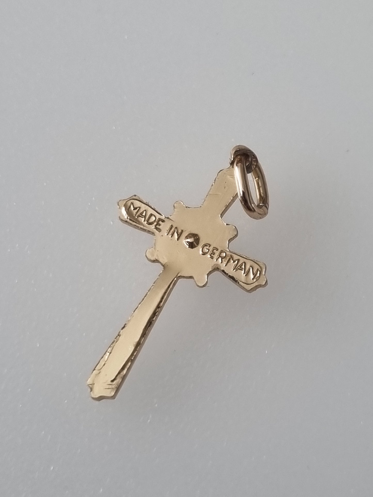 Vintage Pendant Charm Cross Crucifix Gold Tone Lab Emerald. Made in Germany