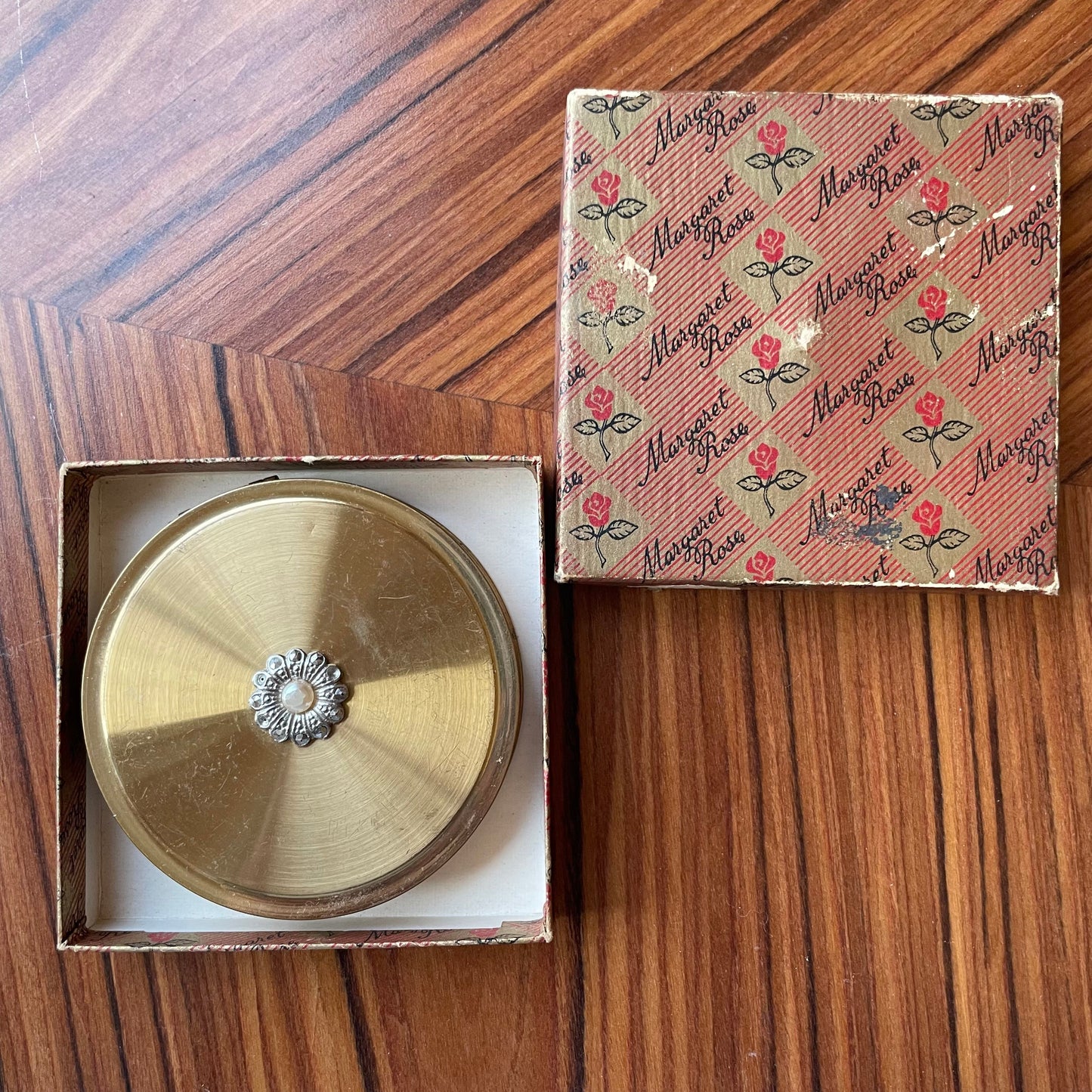 Compact Vintage Boxed Margaret Rose Gold Tone Powder Compact with Mirror