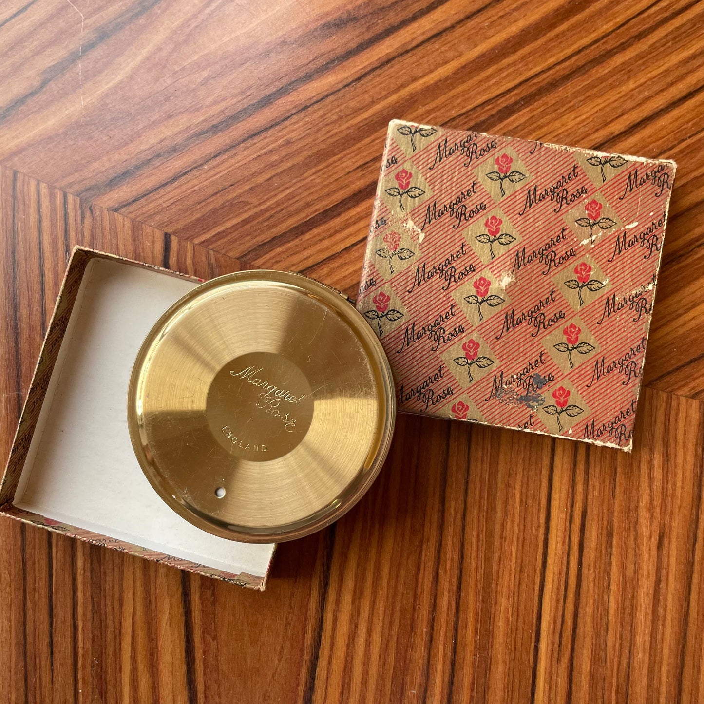 Compact Vintage Boxed Margaret Rose Gold Tone Powder Compact with Mirror