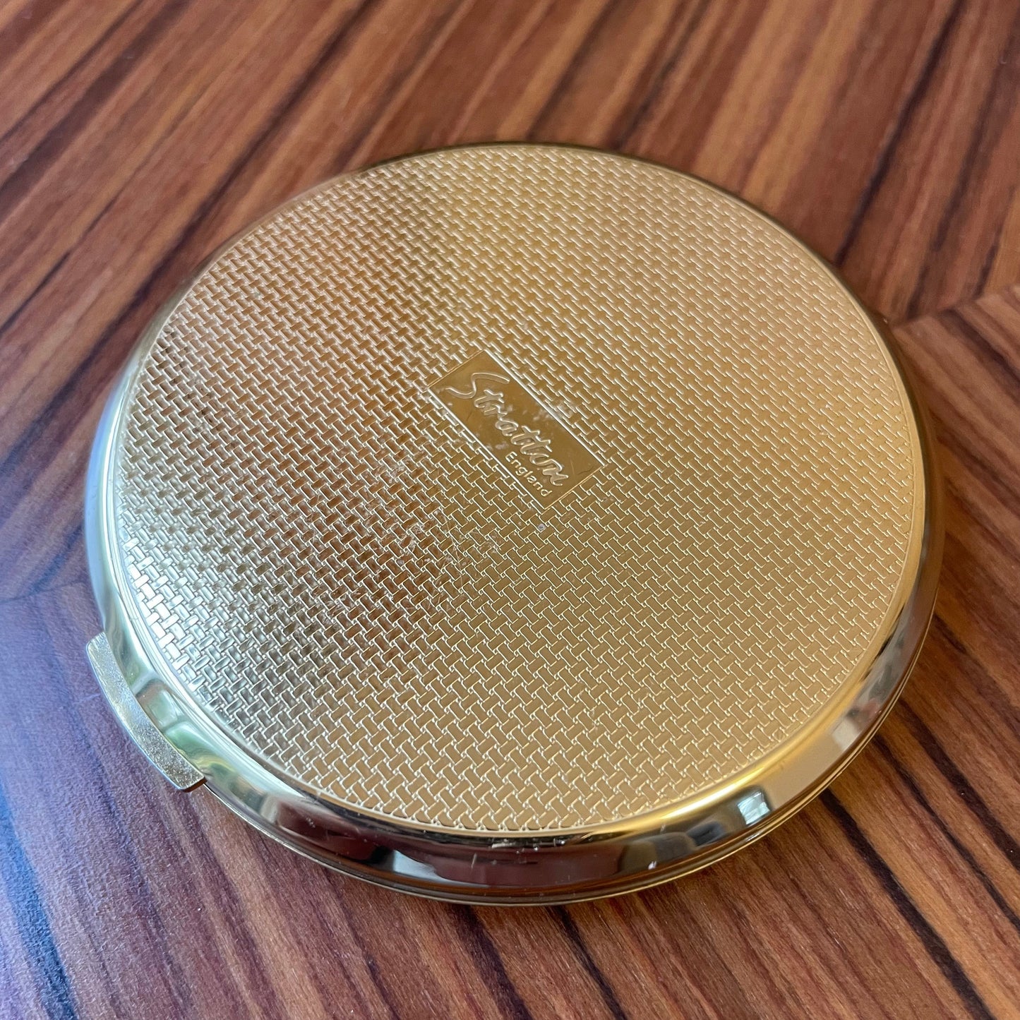 Compact Vintage Stratton England Floral Stripe Pattern Gold Tone Metal Powder Compact with Mirror
