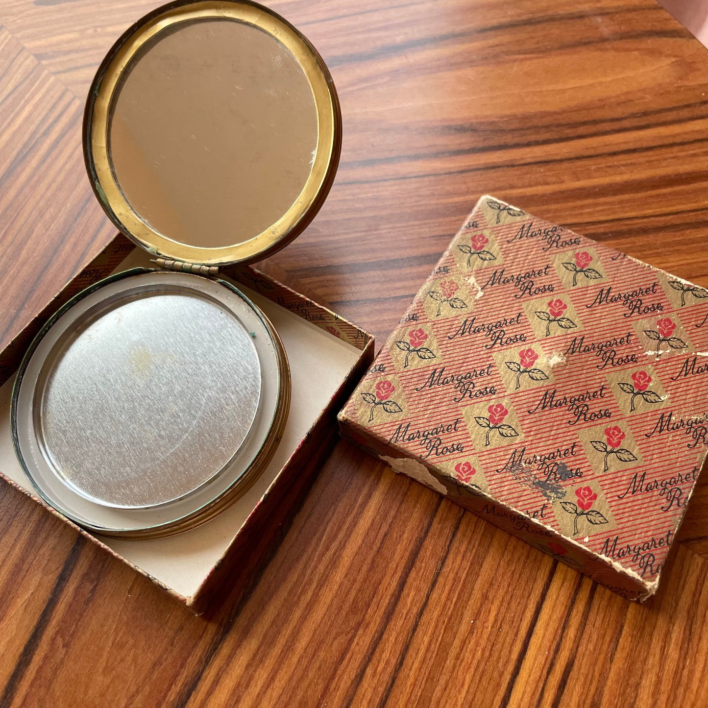 Compact Vintage Boxed Margaret Rose Gold Tone Powder Compact with Mirror