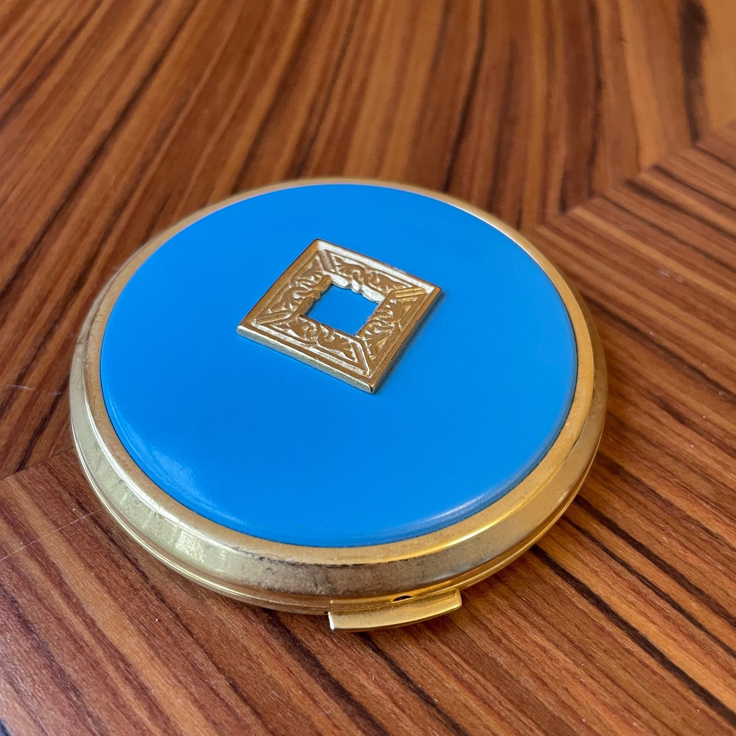 Compact Vintage Turquoise Blue and Gold Tone Powder Compact with Mirror