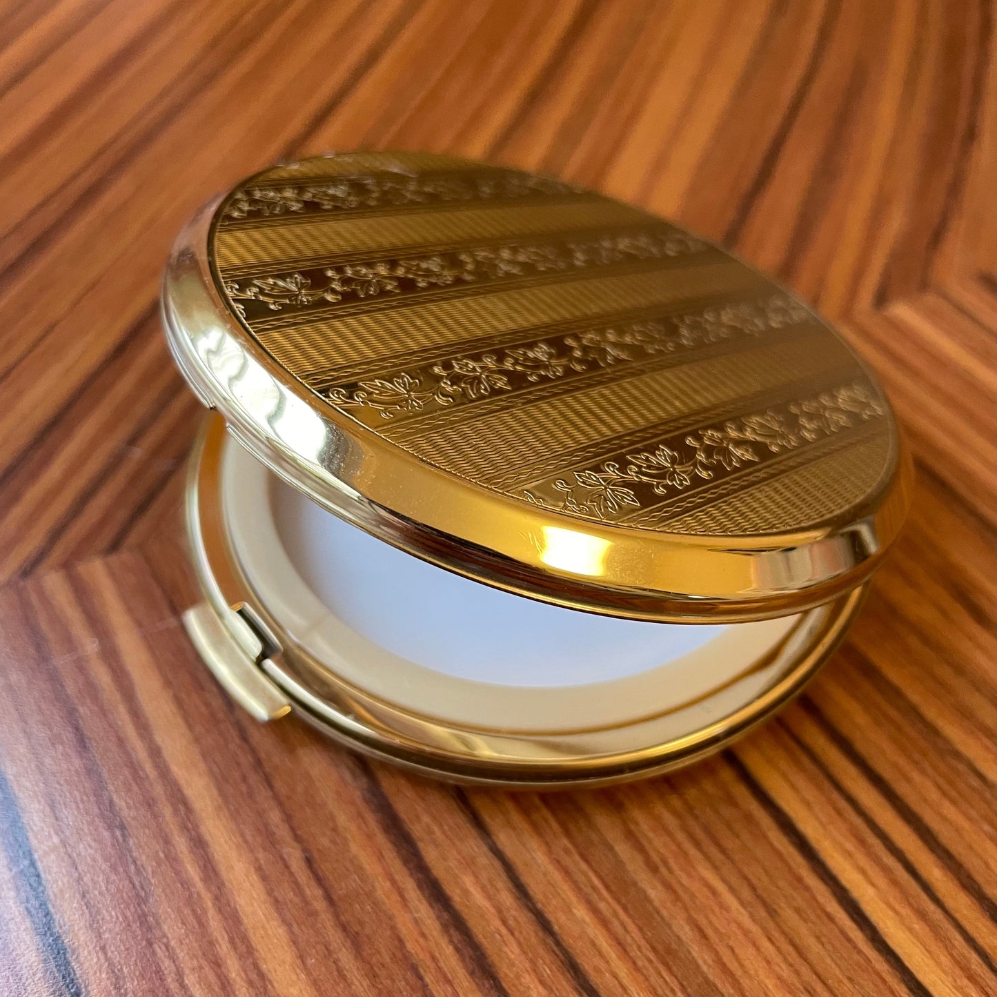 Compact Vintage Stratton England Floral Stripe Pattern Gold Tone Metal Powder Compact with Mirror